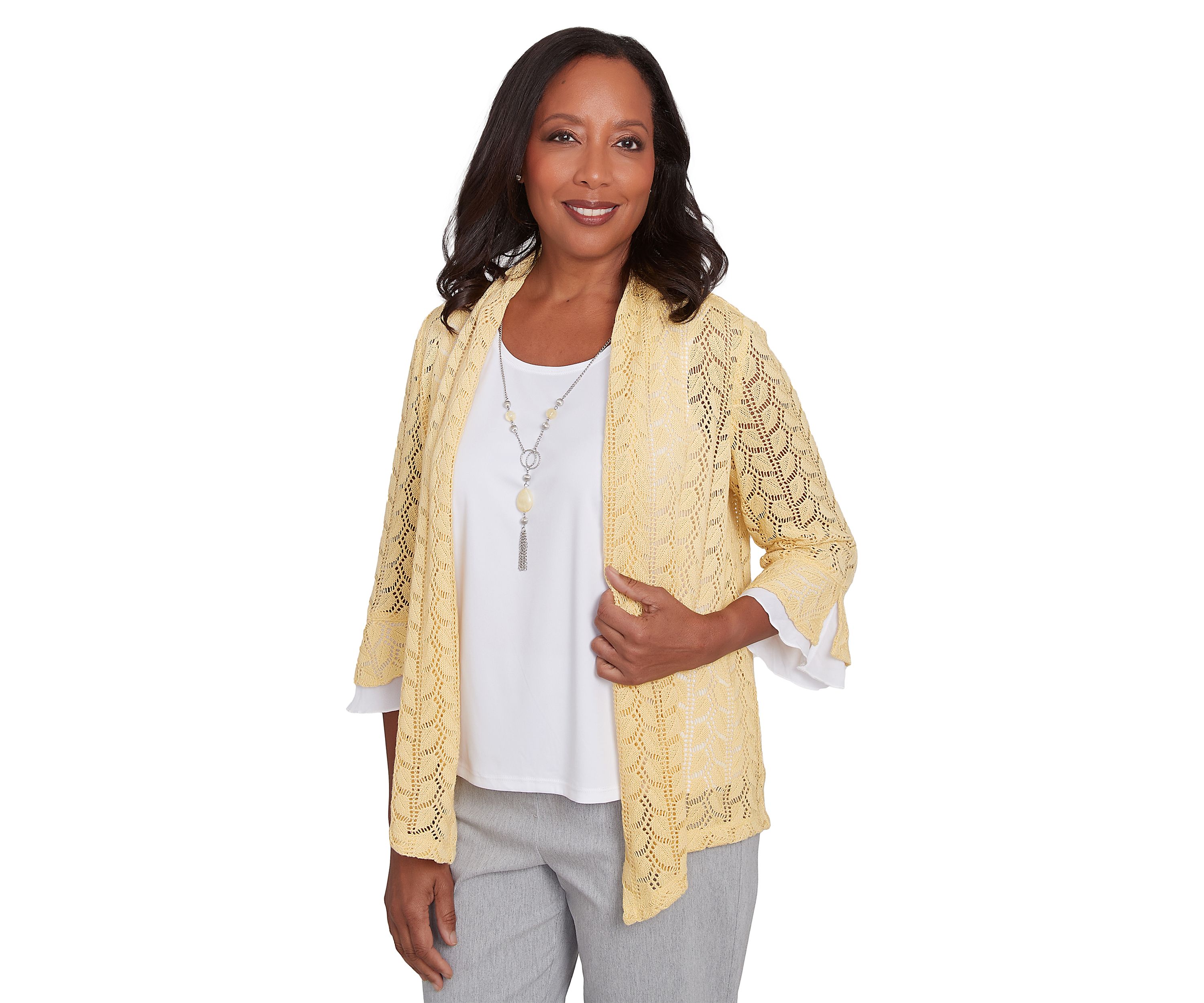 Womens Dress Code Pointelle Stitch 2Fer Top