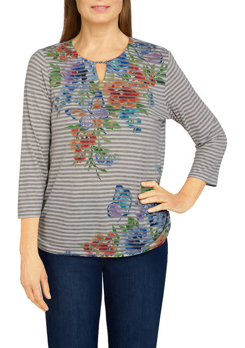Alfred Dunner Petite Stripe Asymmetric Floral Knit Top