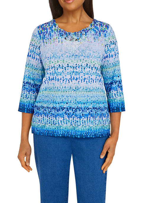 Alfred Dunner Petite Ombr&eacute; Textured Biadere Printed Top