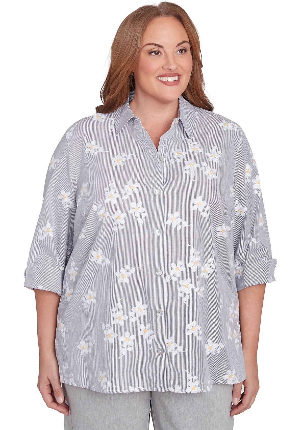 Plus Size Dress Code Flower Embroidered Lurex Stripe Top