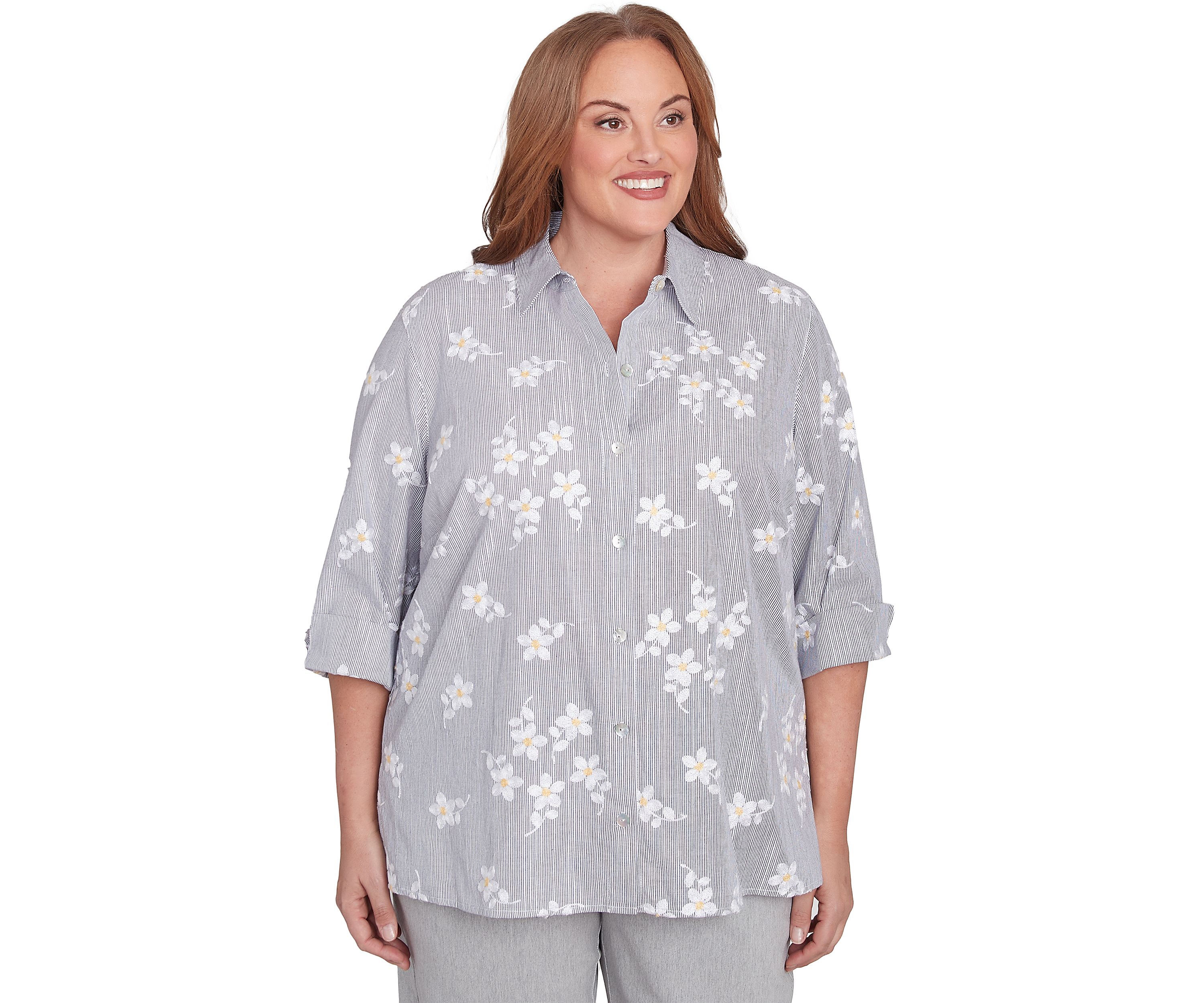 Plus Size Dress Code Flower Embroidered Lurex Stripe Top