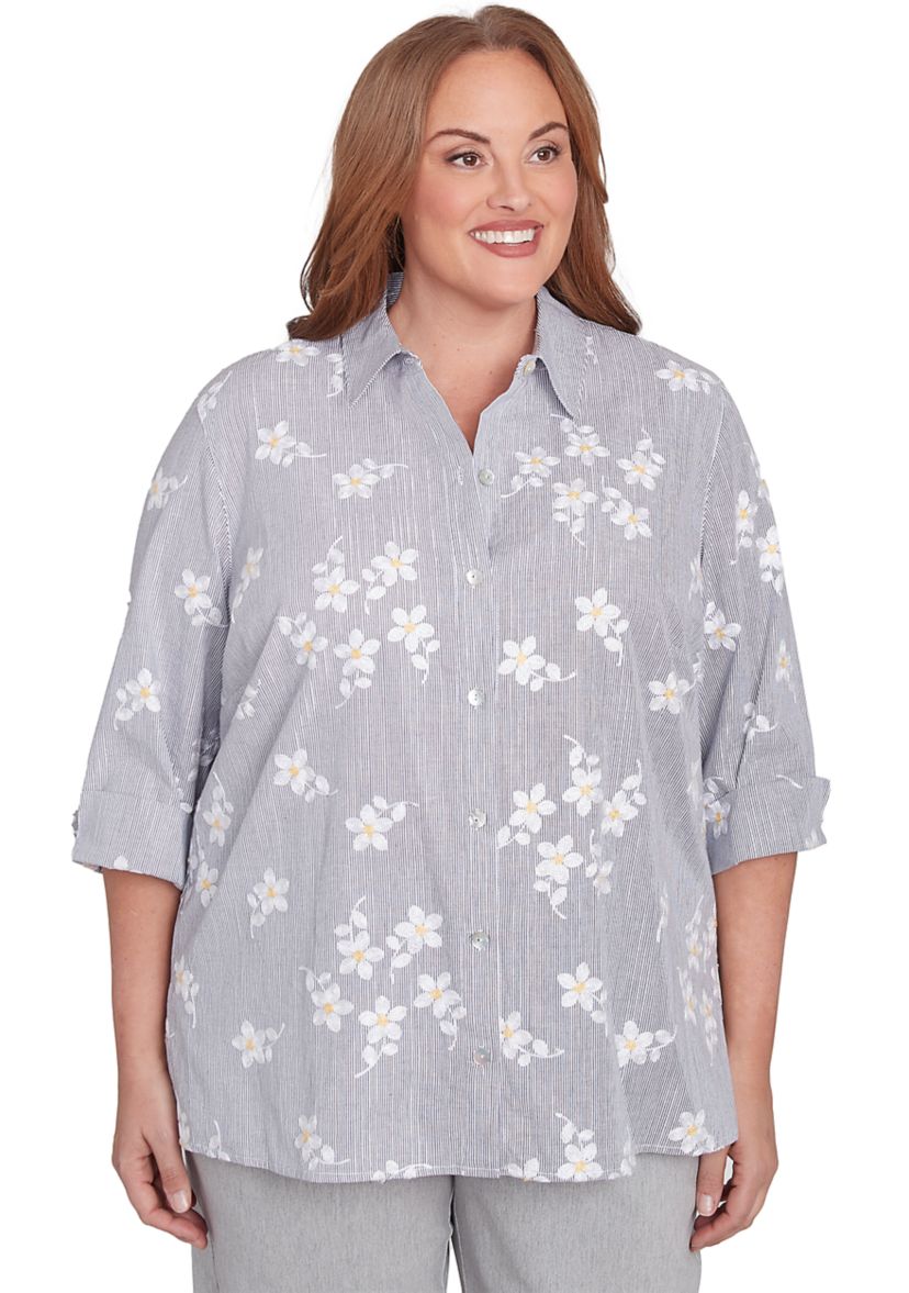 Plus Size Dress Code Flower Embroidered Lurex Stripe Top