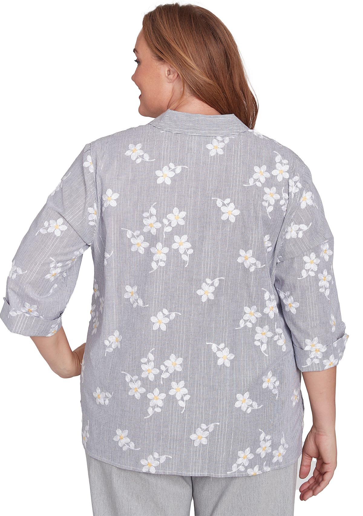 Plus Size Dress Code Flower Embroidered Lurex Stripe Top