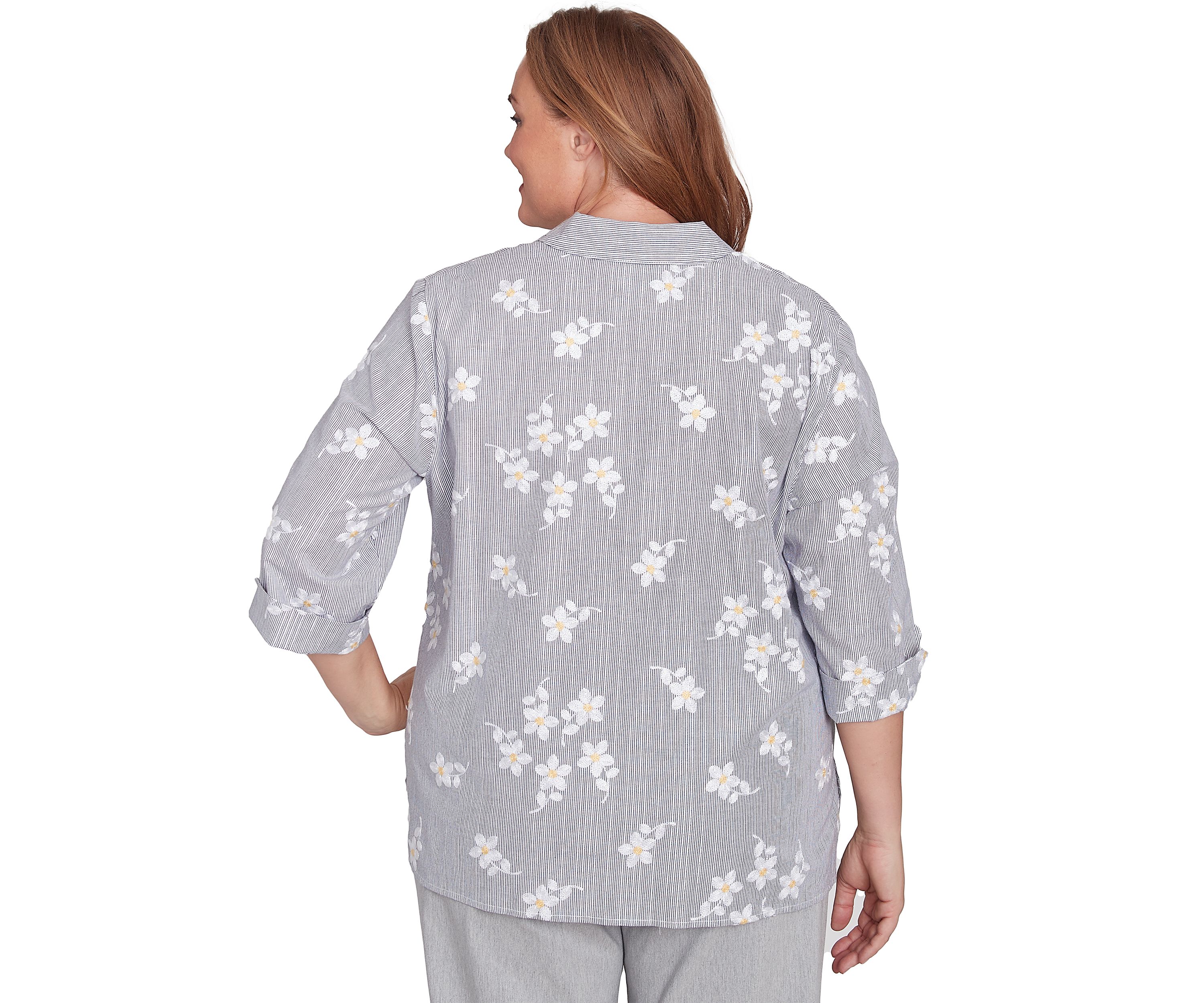 Plus Size Dress Code Flower Embroidered Lurex Stripe Top
