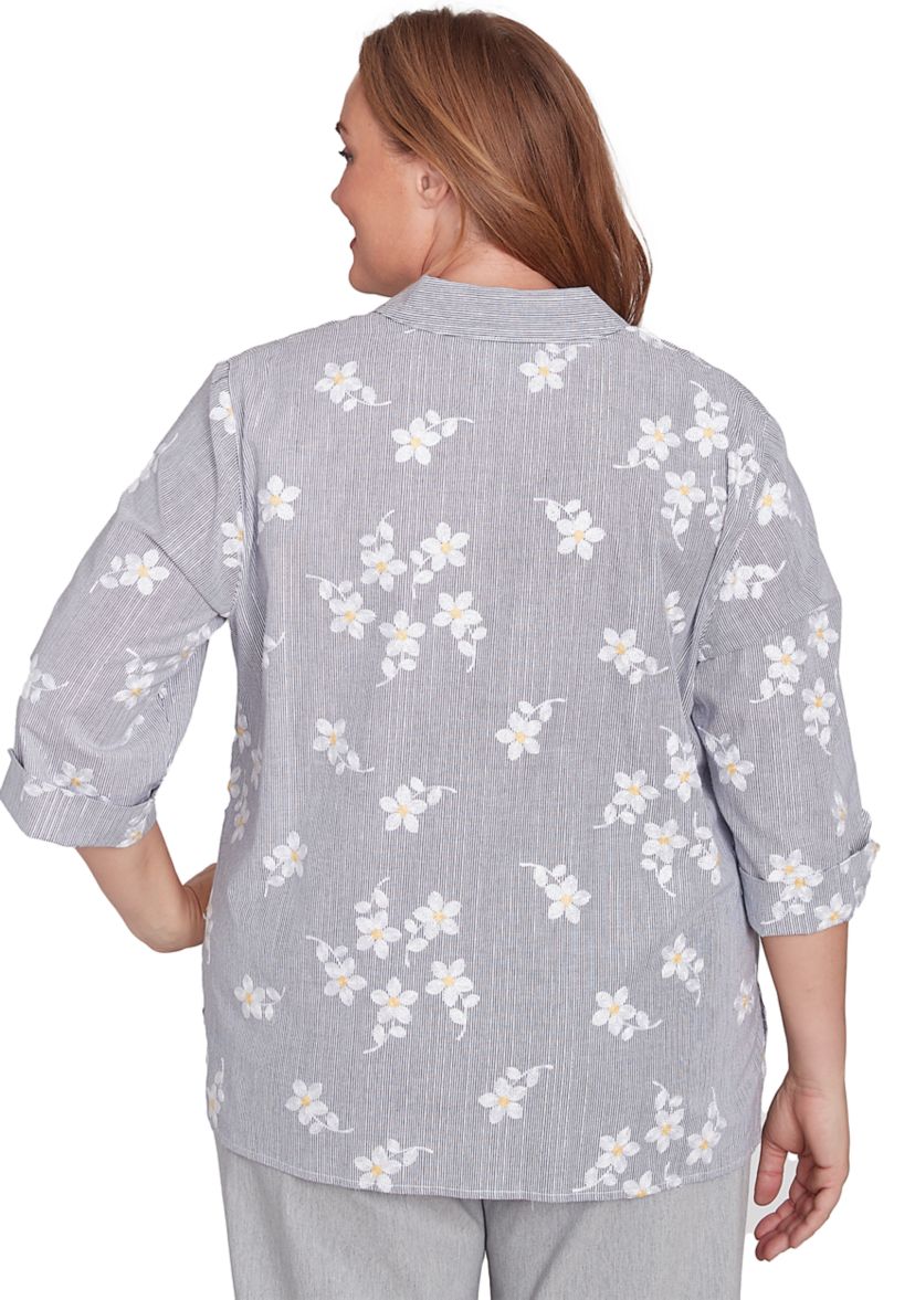 Plus Size Dress Code Flower Embroidered Lurex Stripe Top