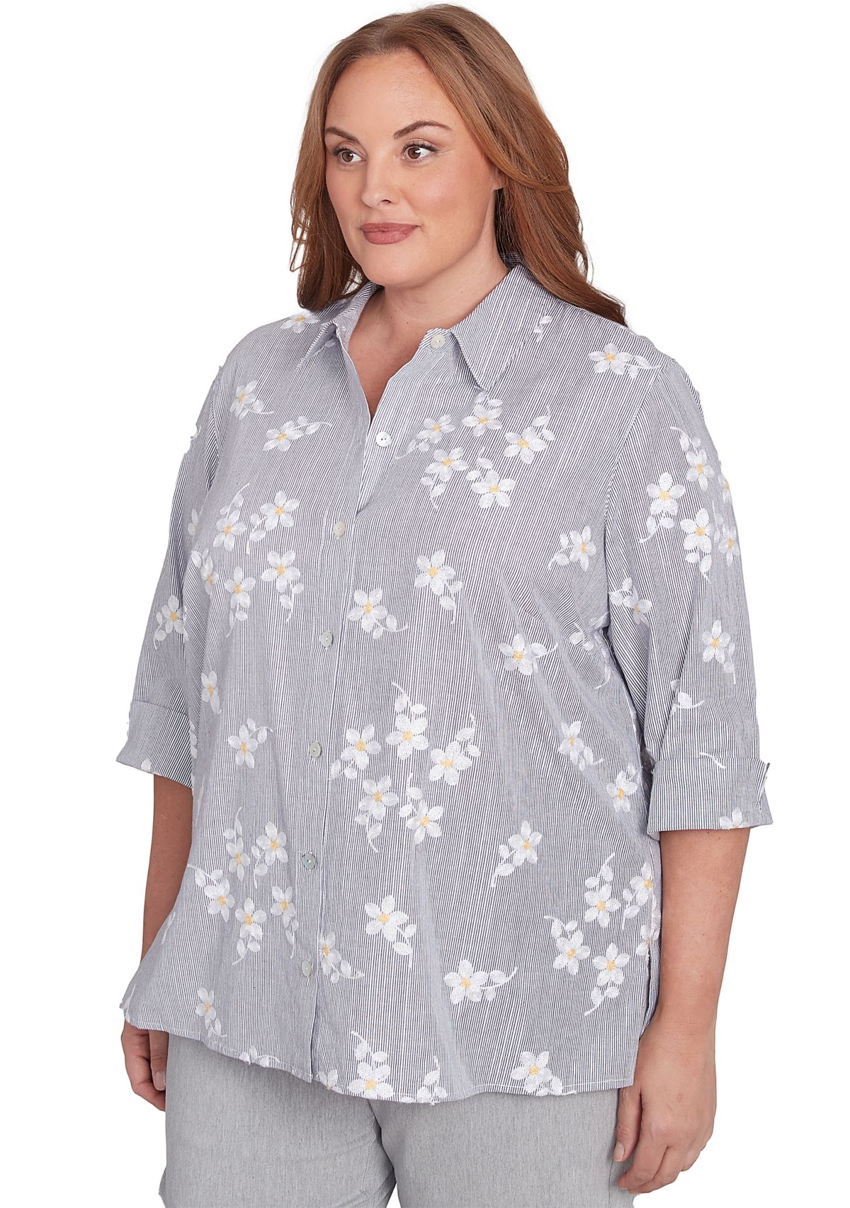 Plus Size Dress Code Flower Embroidered Lurex Stripe Top