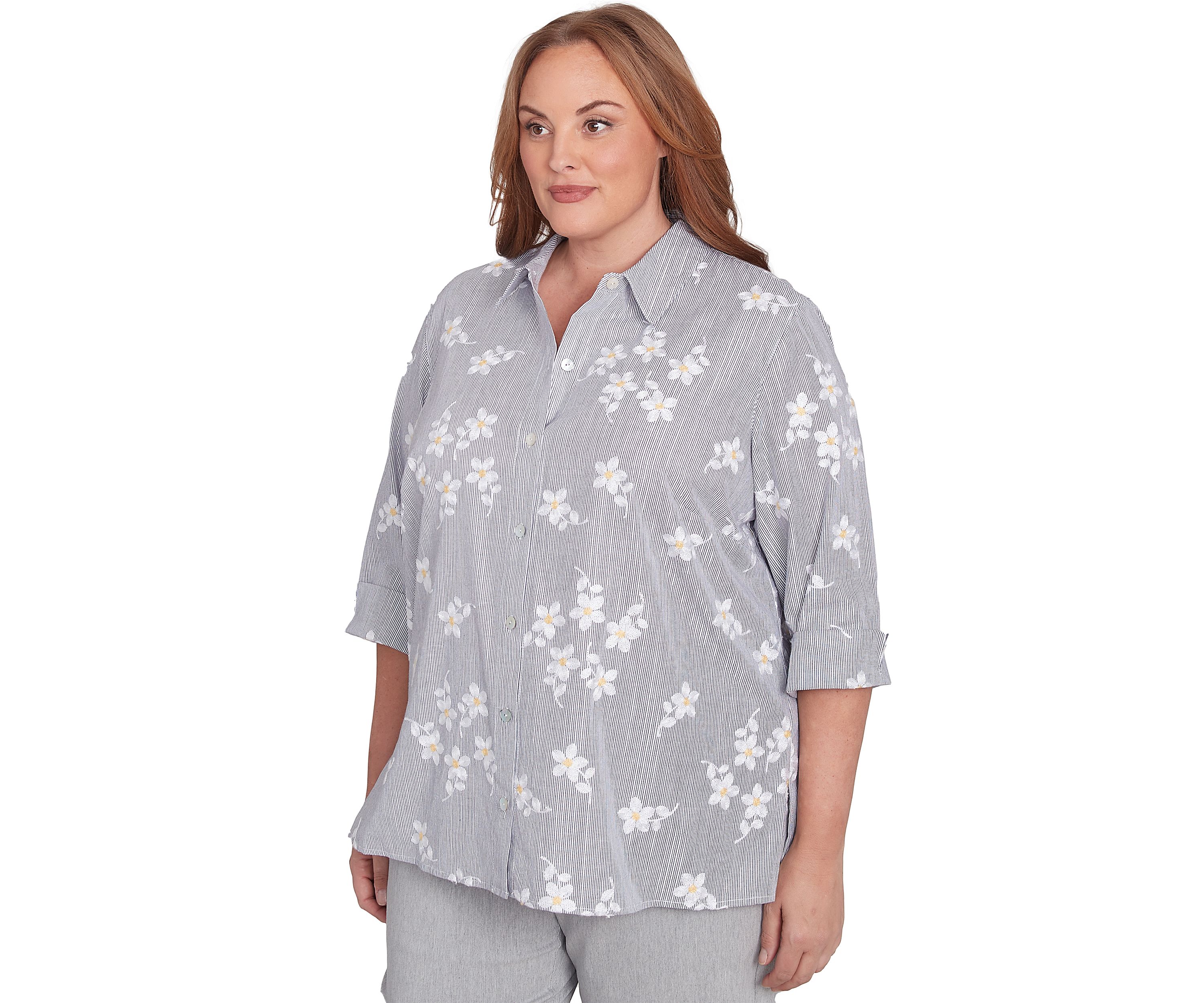 Plus Size Dress Code Flower Embroidered Lurex Stripe Top