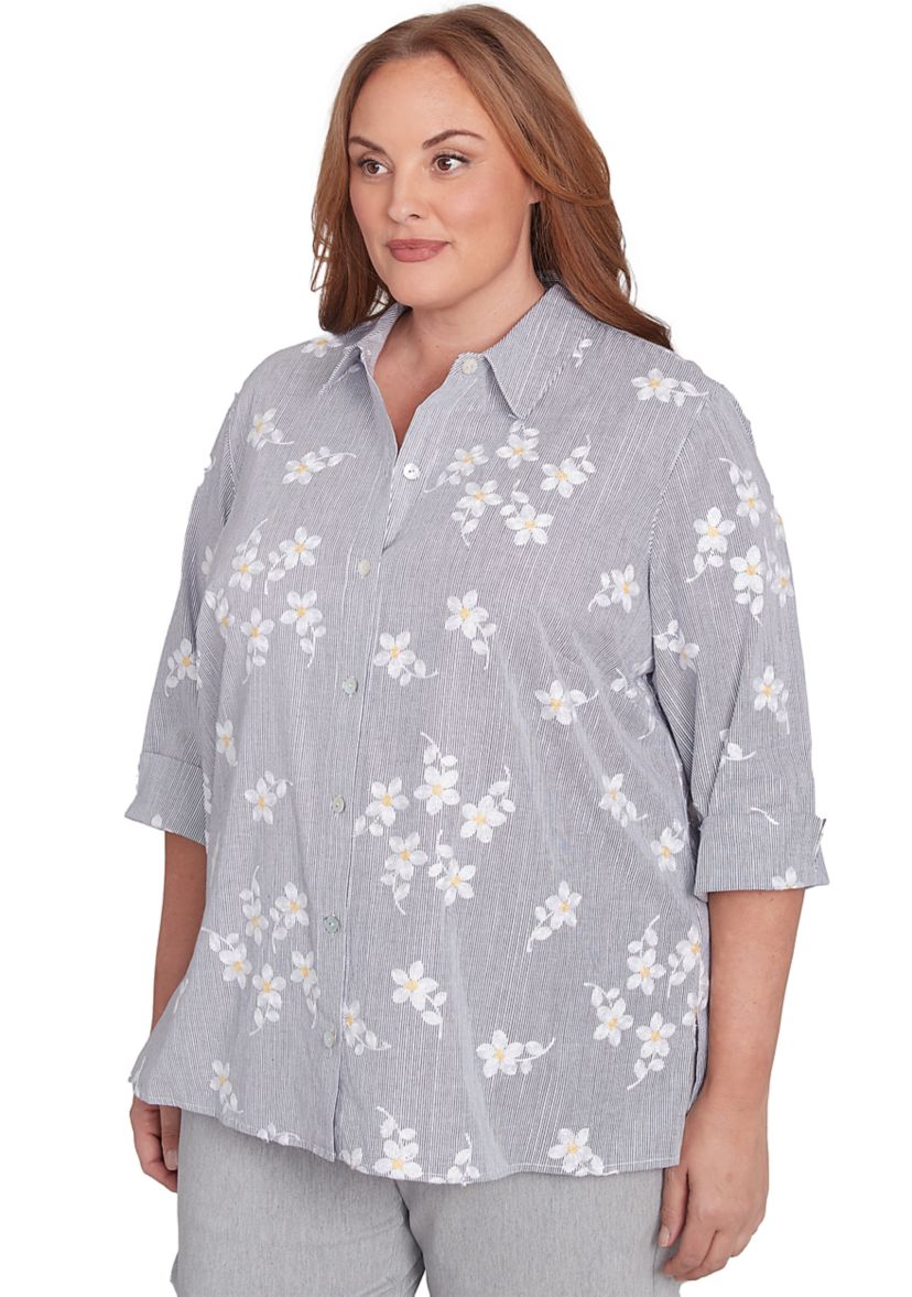 Plus Size Dress Code Flower Embroidered Lurex Stripe Top