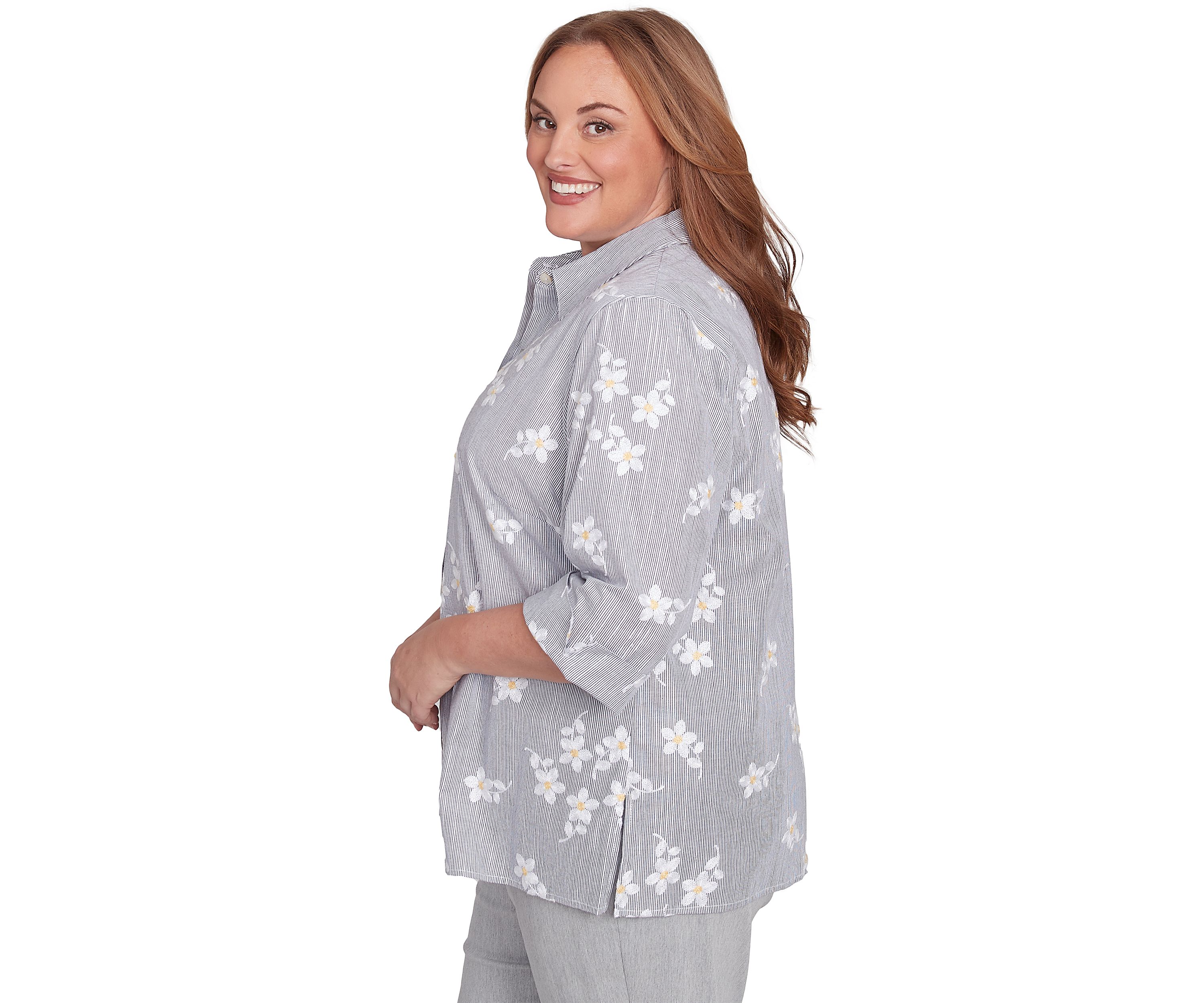 Plus Size Dress Code Flower Embroidered Lurex Stripe Top