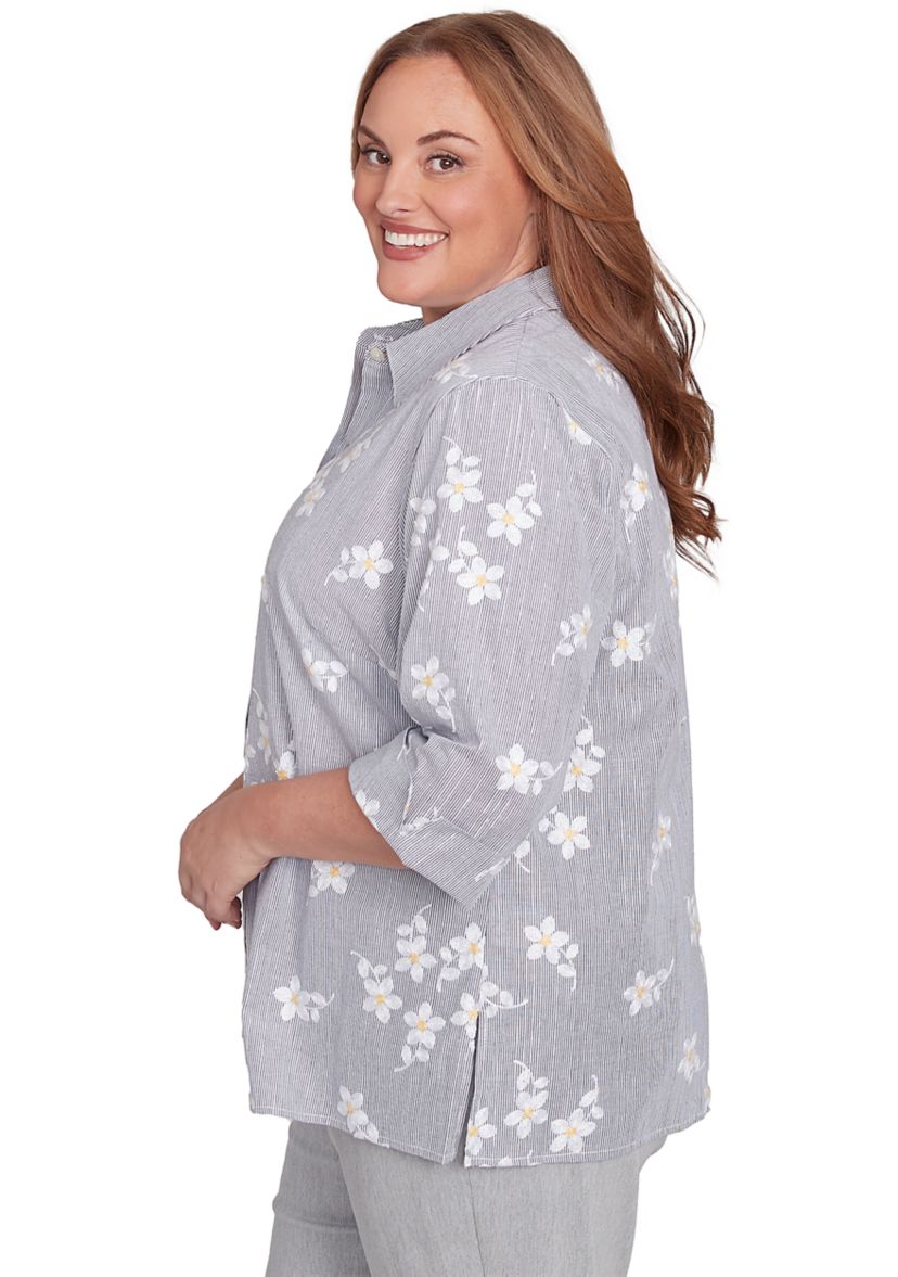 Plus Size Dress Code Flower Embroidered Lurex Stripe Top