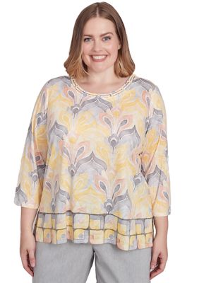 Alfred Dunner Women's Plus Size Dress Code Medallion Geometric Border Top, 3X