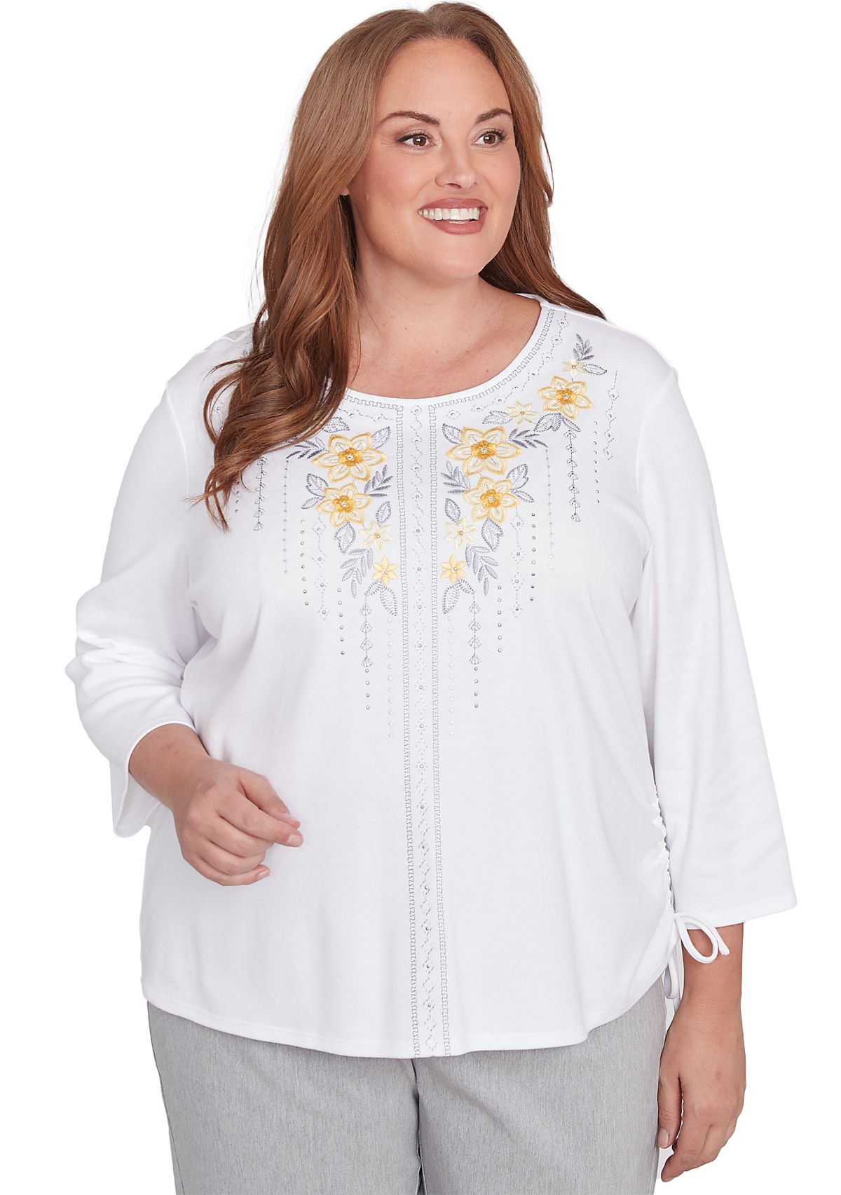Plus Size Dress Code Linear Floral Yoke Embroidery Top