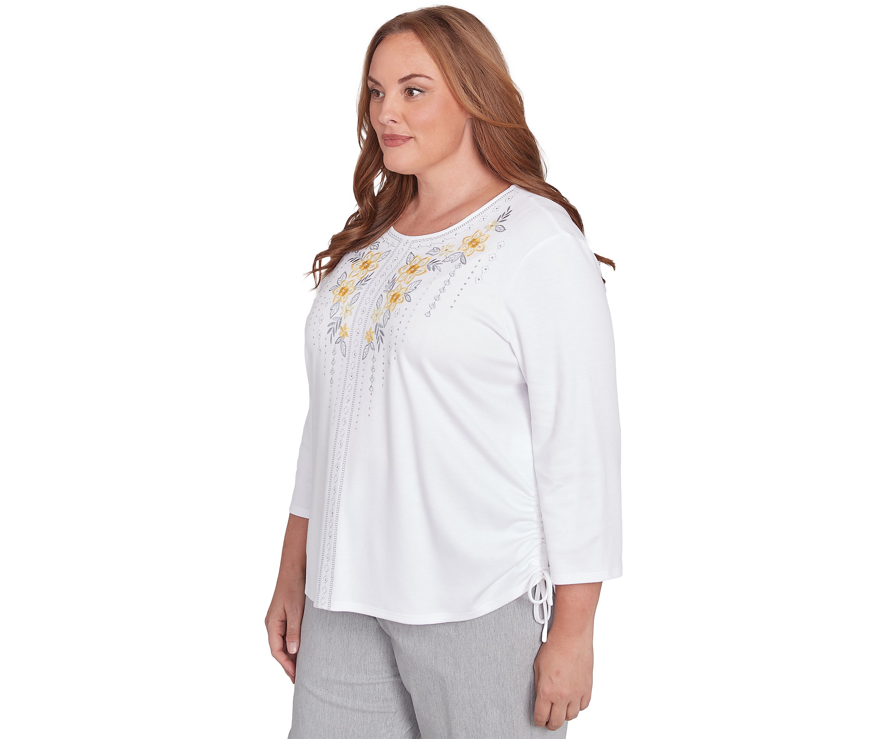 Plus Size Dress Code Linear Floral Yoke Embroidery Top