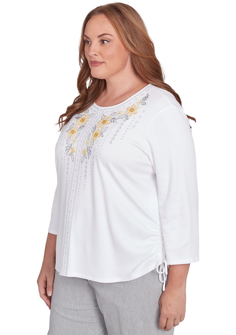 Plus Size Dress Code Linear Floral Yoke Embroidery Top