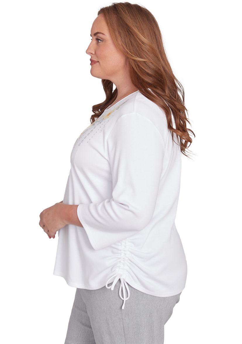 Plus Size Dress Code Linear Floral Yoke Embroidery Top