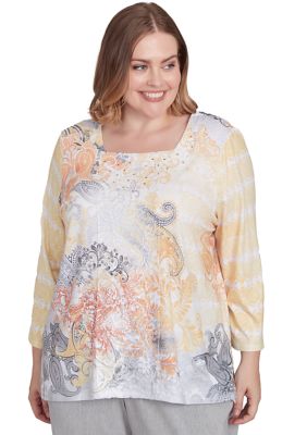 Alfred Dunner Women's Plus Size Dress Code Paisley Scroll Geometric Top, 3X