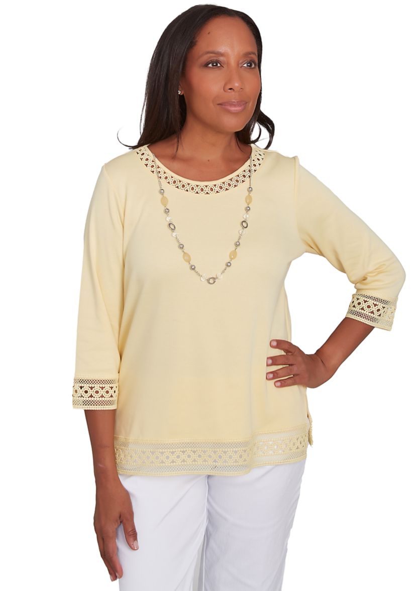 Petite Dress Code Lace Trim Top with Necklace