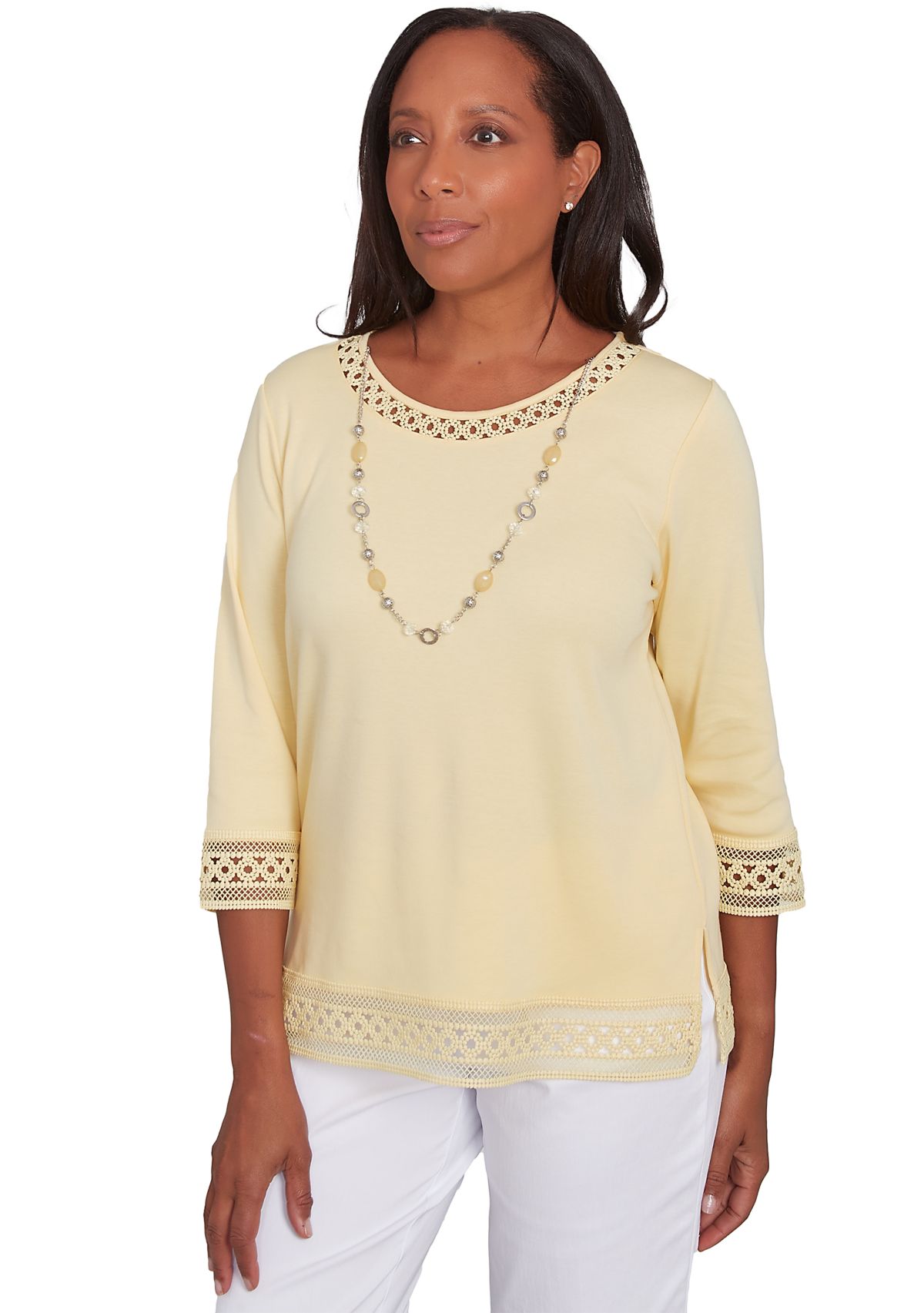 Petite Dress Code Lace Trim Top with Necklace