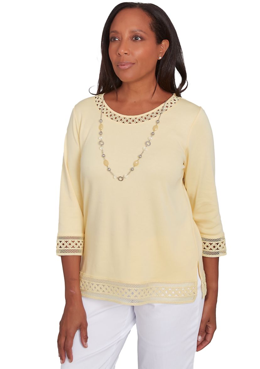 Petite Dress Code Lace Trim Top with Necklace