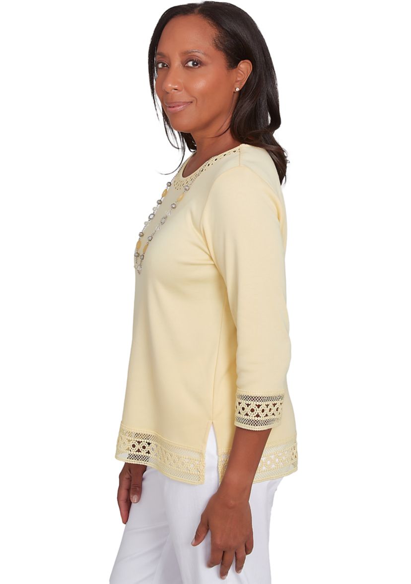 Petite Dress Code Lace Trim Top with Necklace