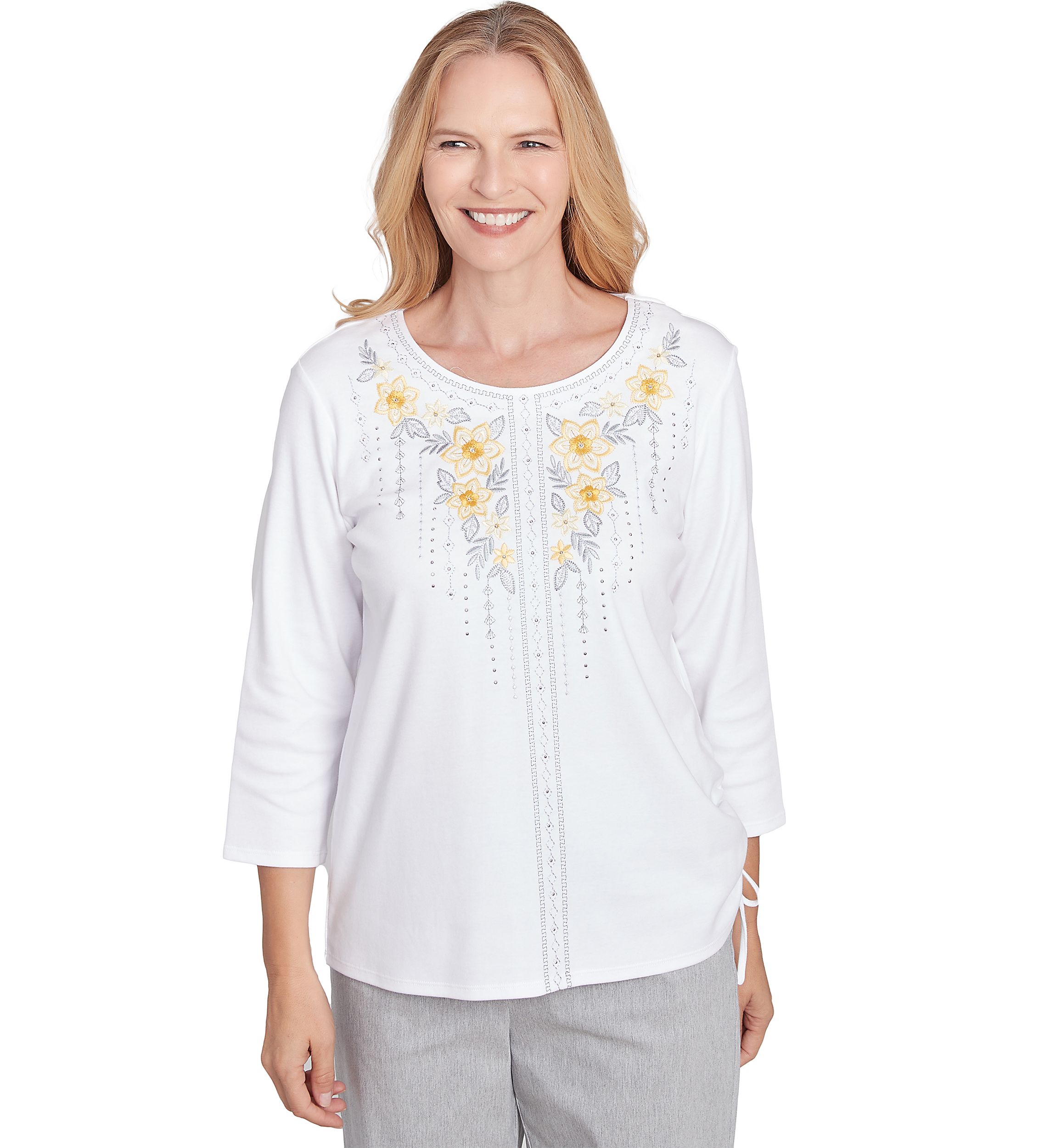 Petite Dress Code Linear Floral Yoke Embroidery Top