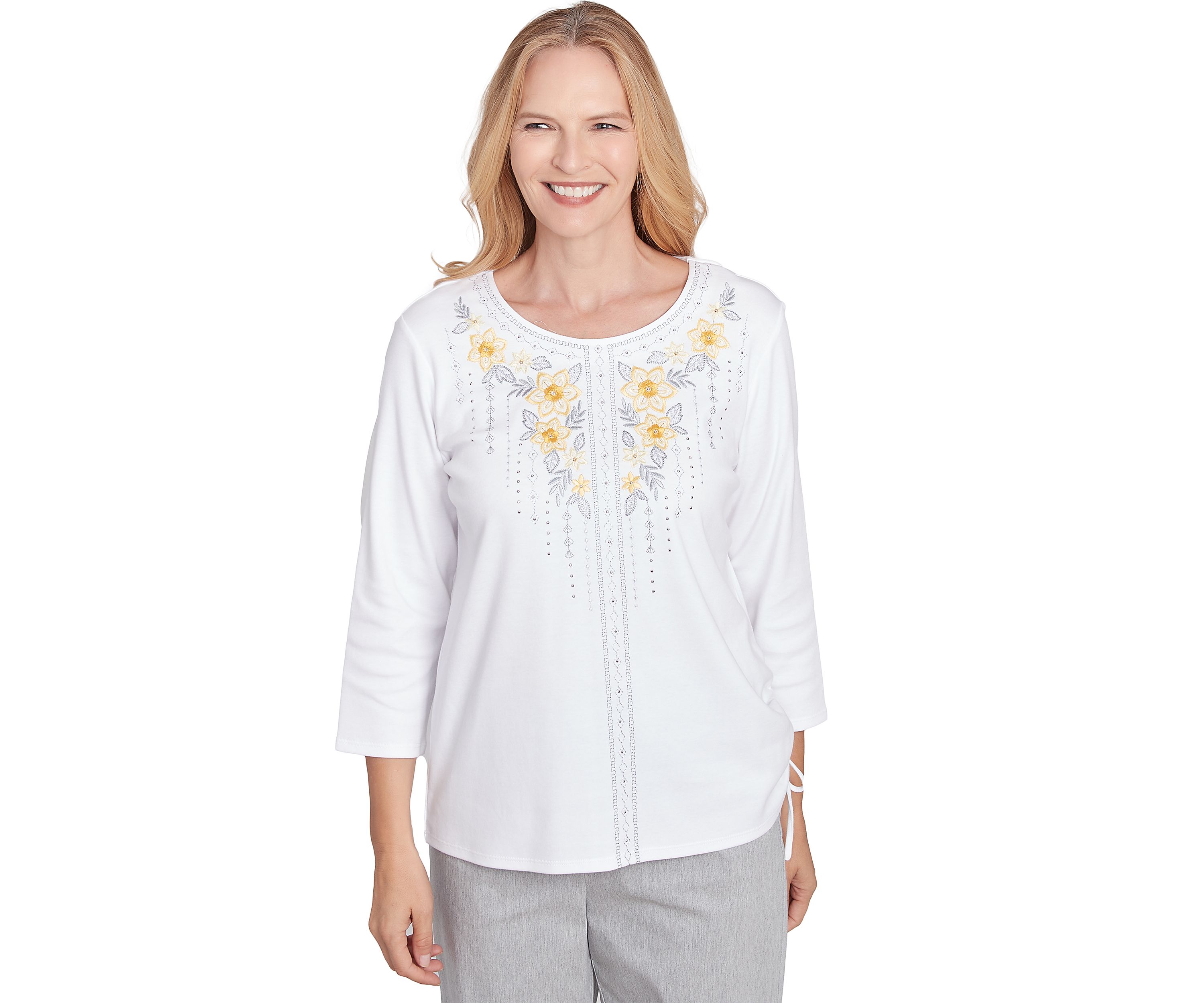 Petite Dress Code Linear Floral Yoke Embroidery Top