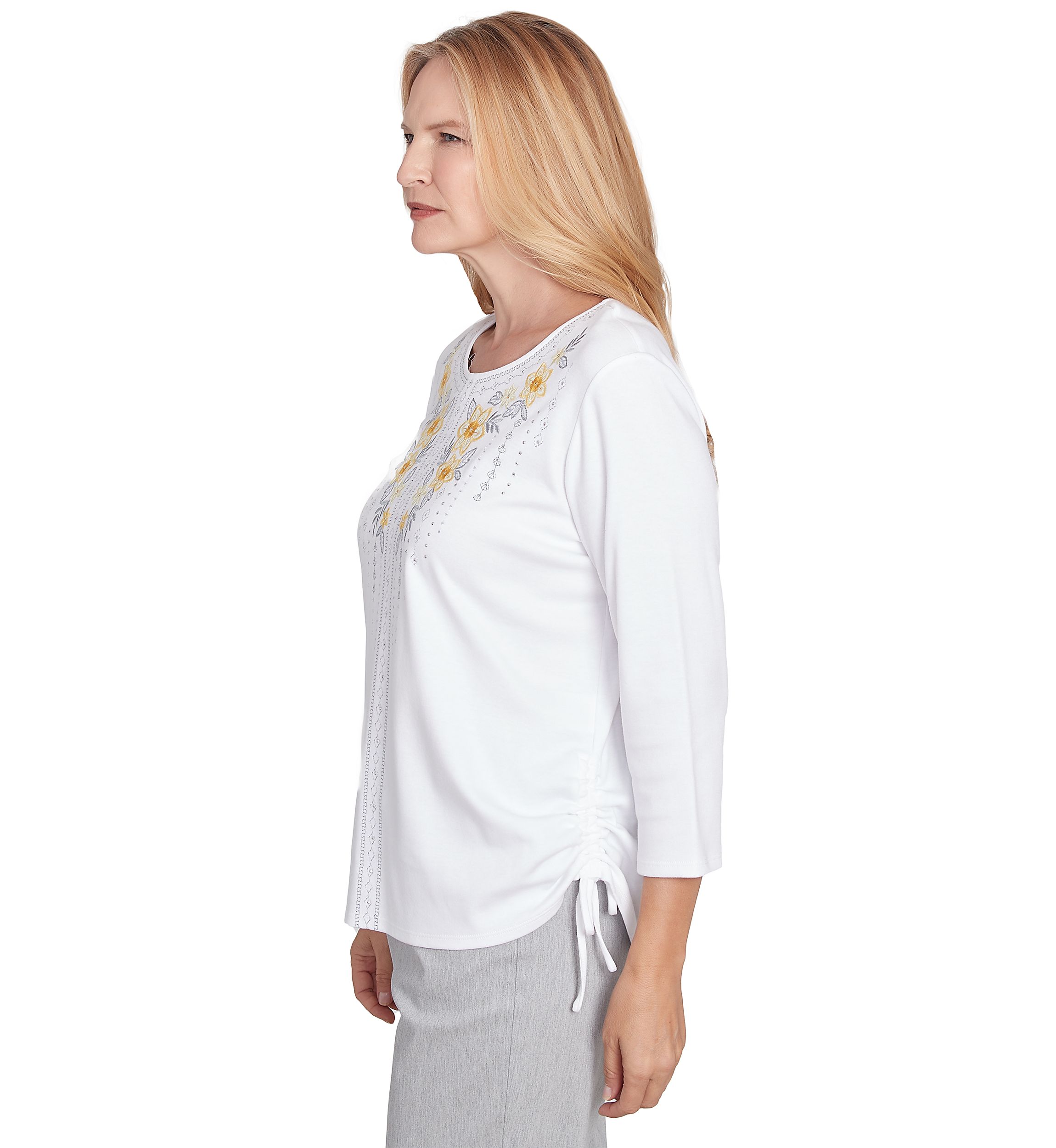 Petite Dress Code Linear Floral Yoke Embroidery Top