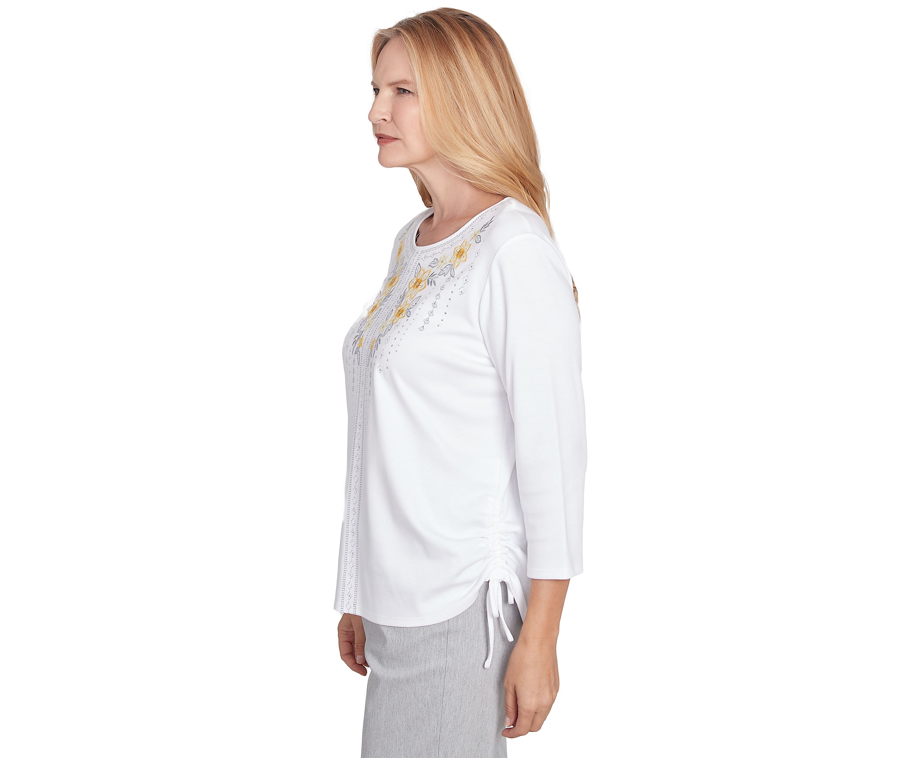 Petite Dress Code Linear Floral Yoke Embroidery Top