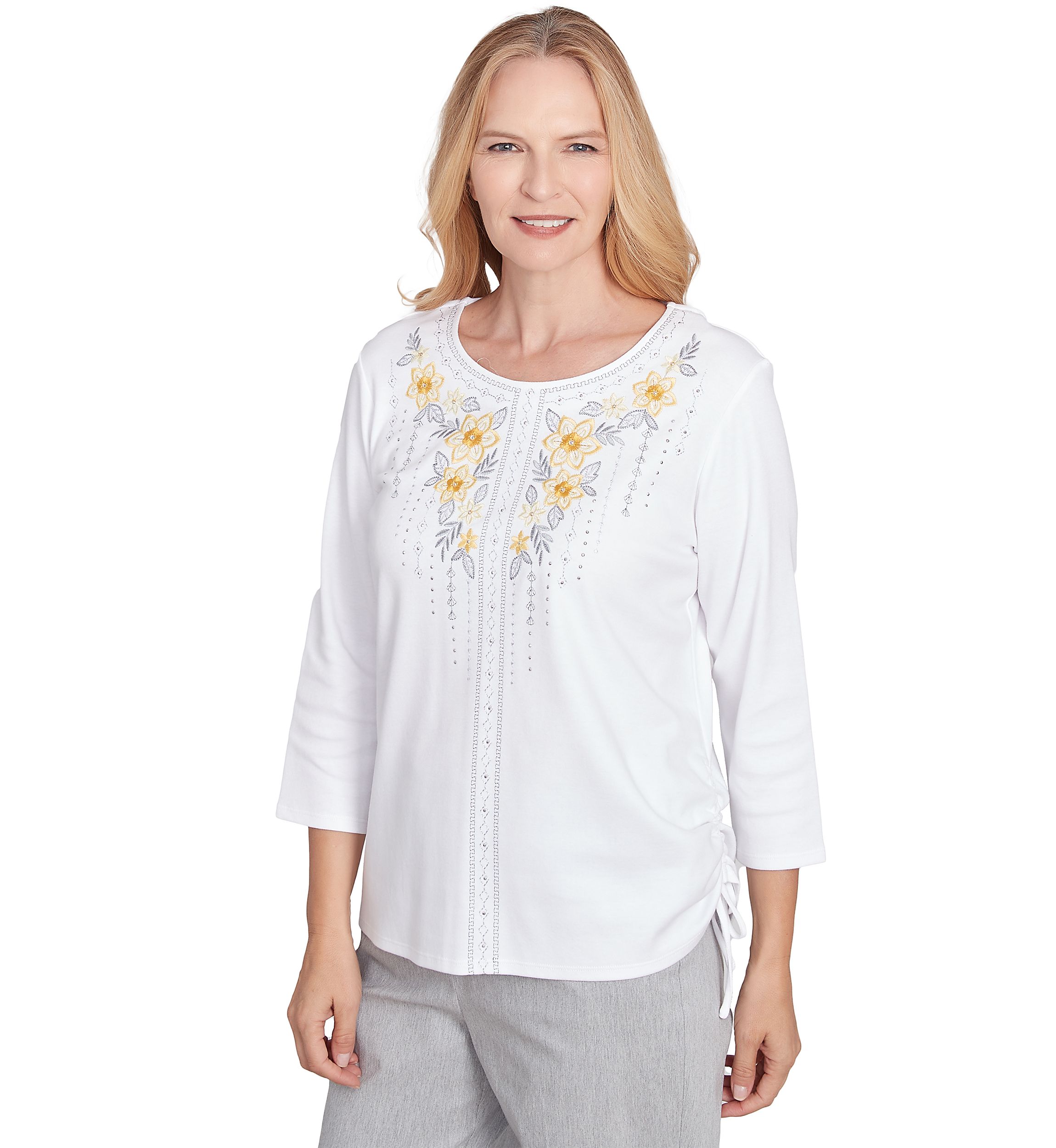 Petite Dress Code Linear Floral Yoke Embroidery Top