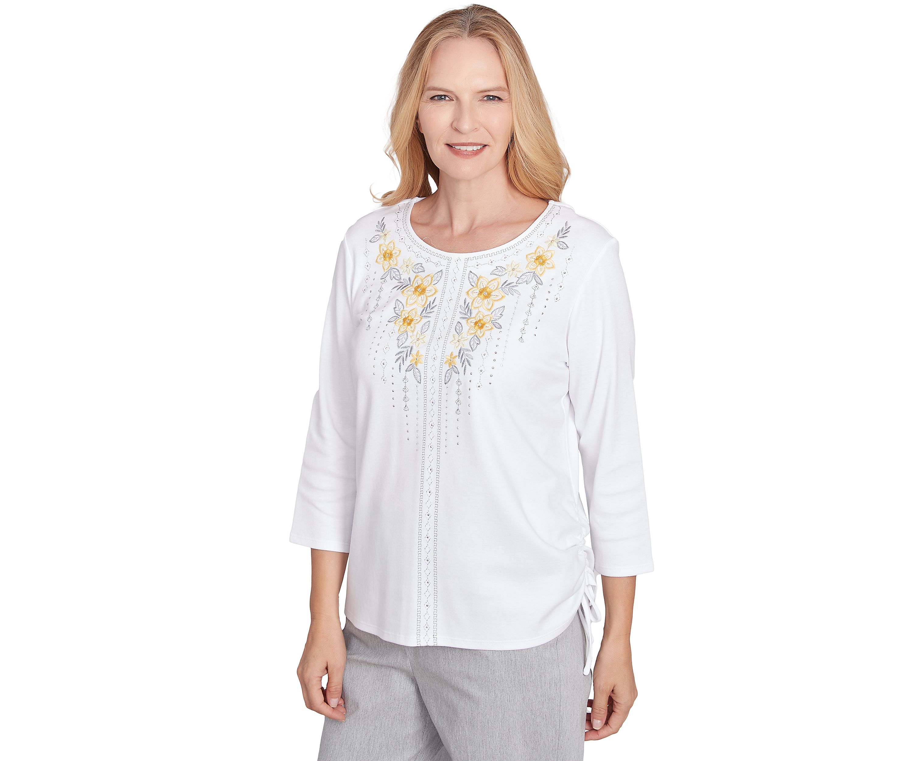 Petite Dress Code Linear Floral Yoke Embroidery Top