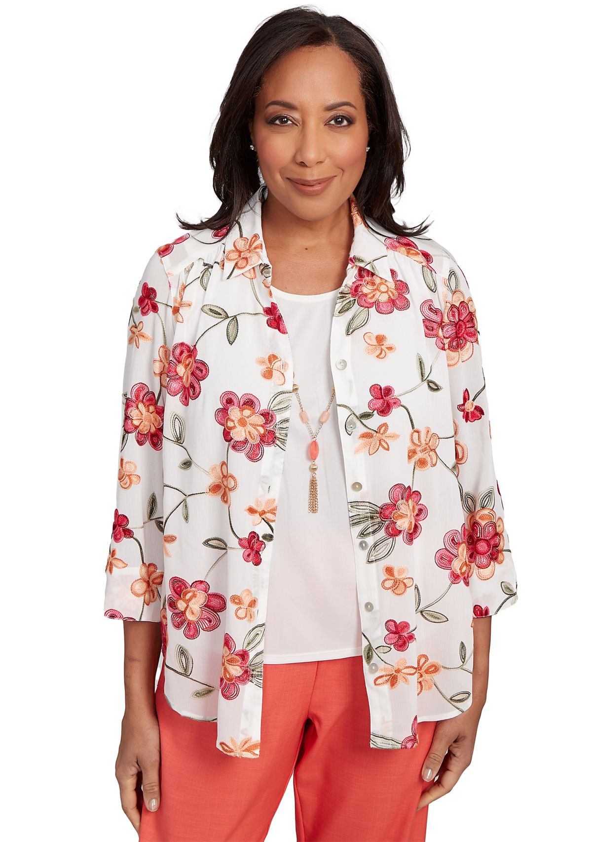 Womens Catalina Island Embroidered Flowers Two In One Top