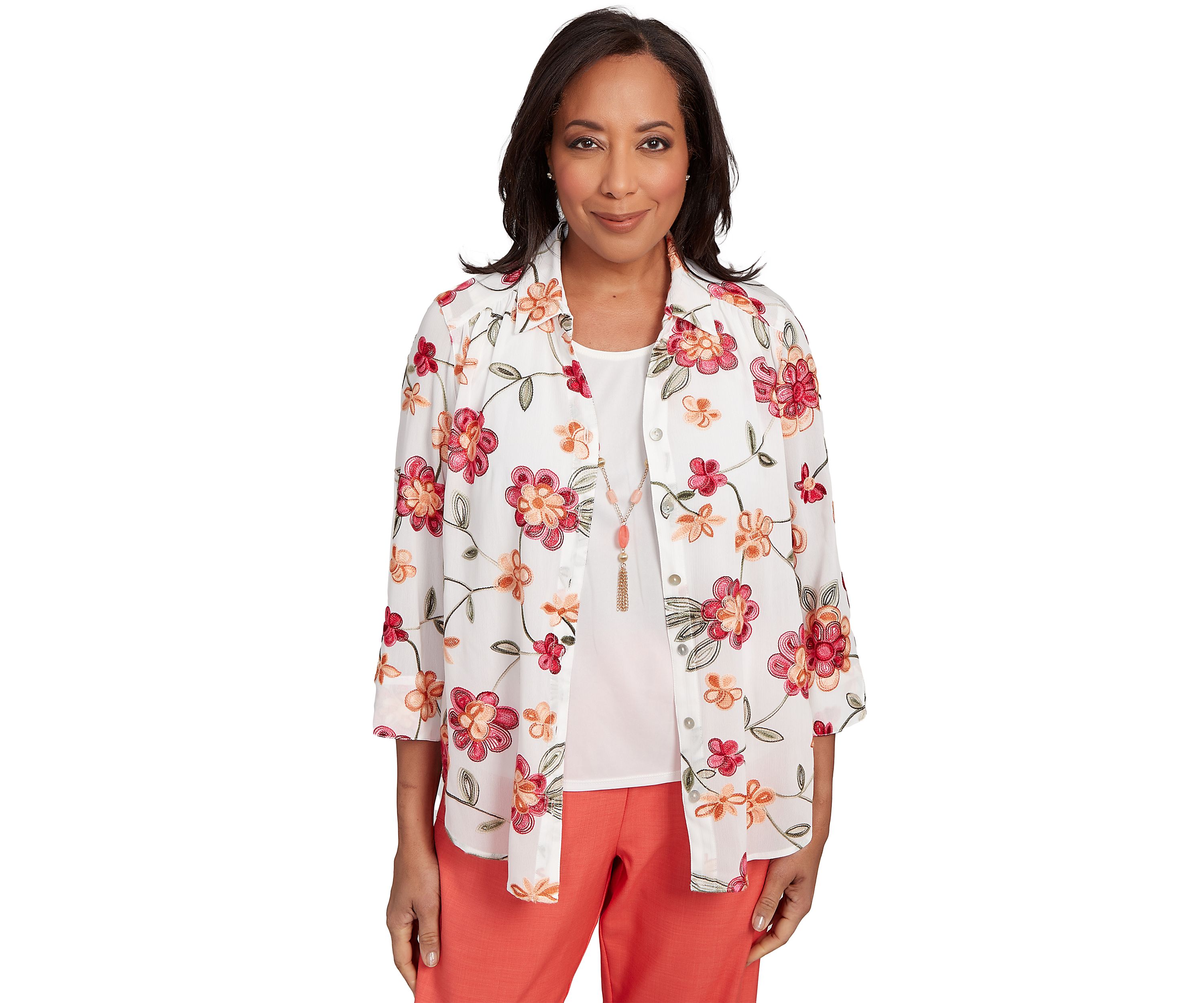 Womens Catalina Island Embroidered Flowers Two In One Top
