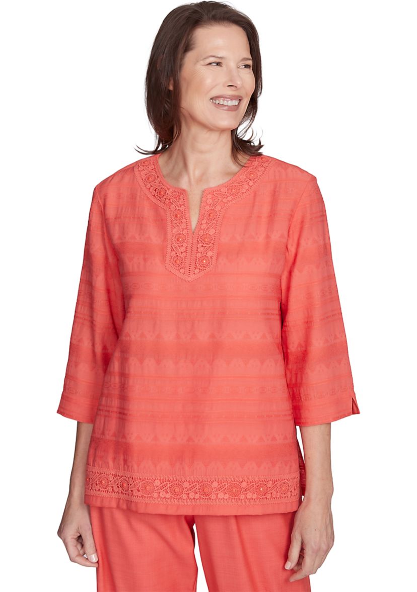 Womens Catalina Island Lace Trim Texture Shirt