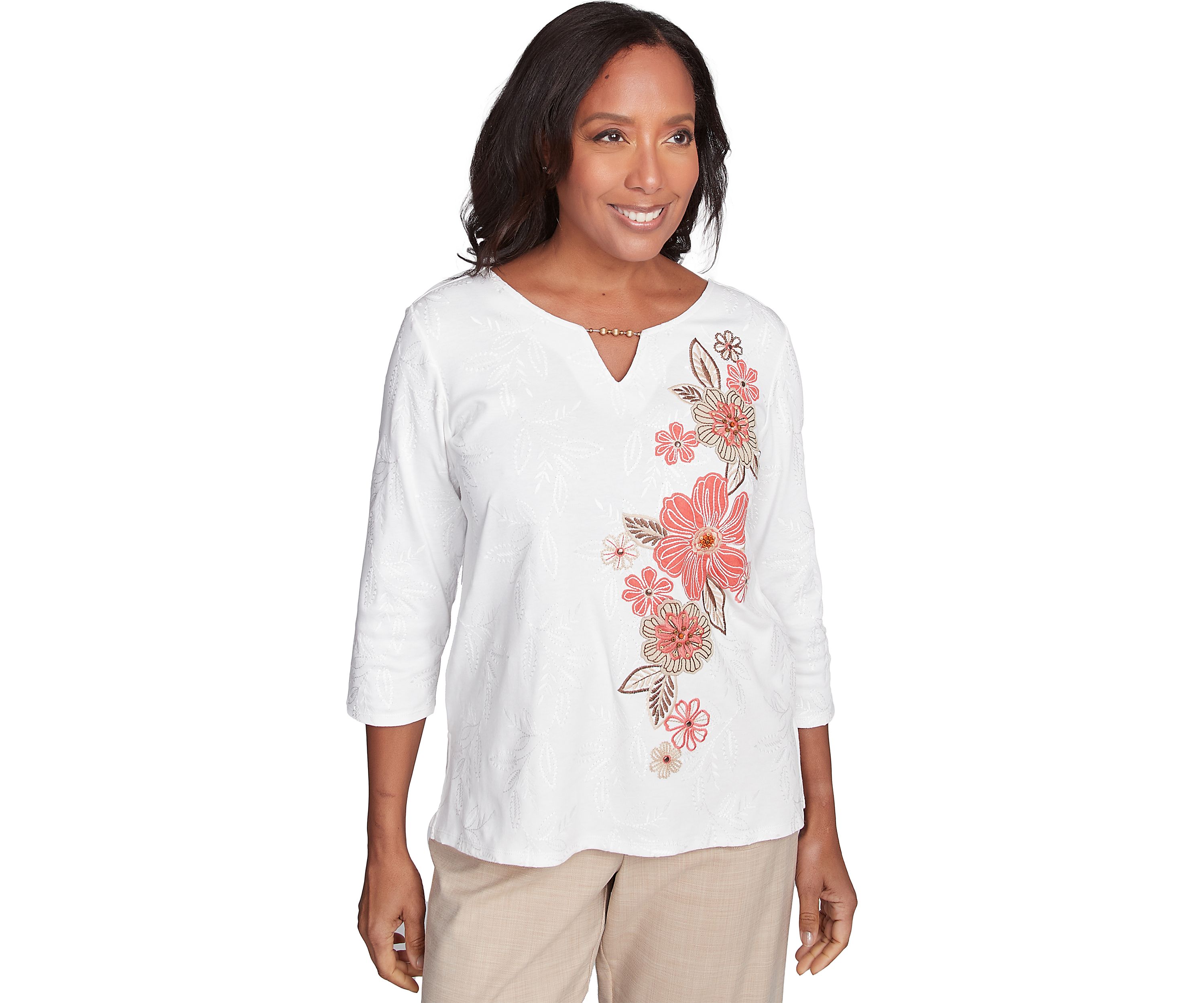 Womens Catalina Island Embroidered Flowers Top