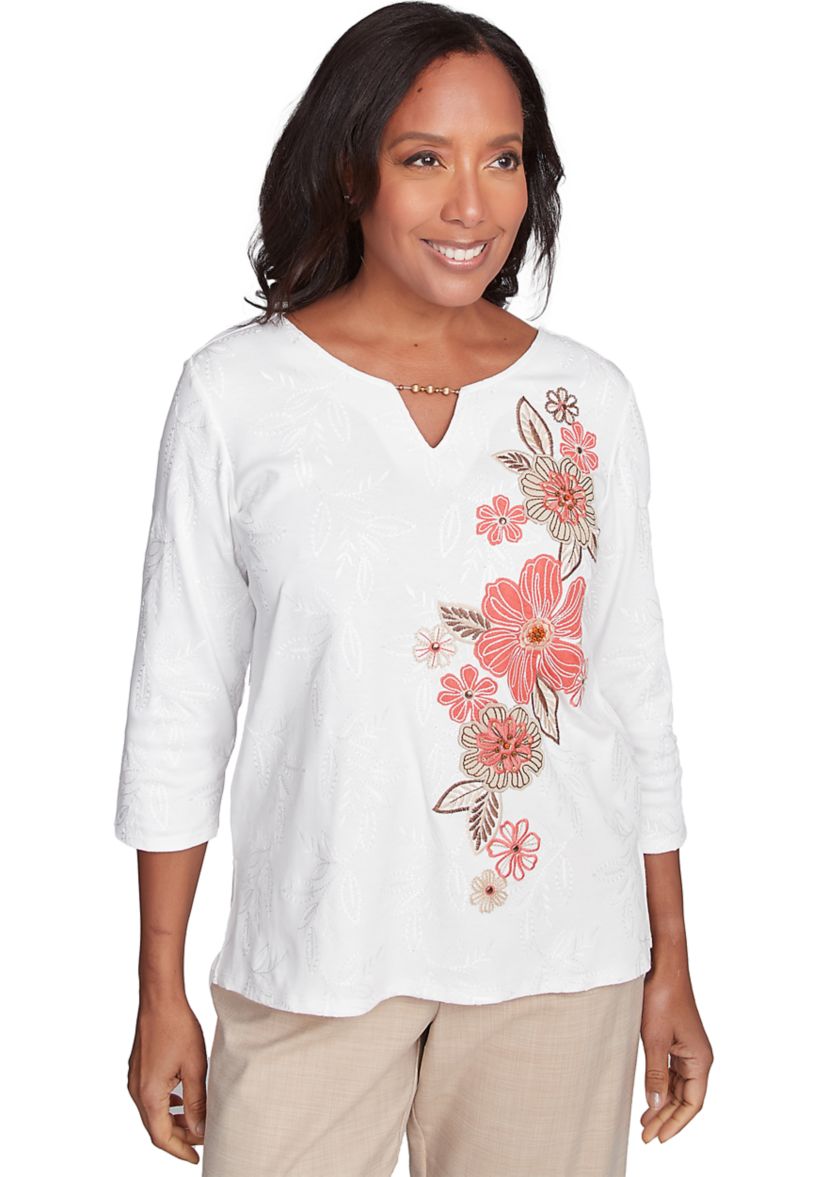 Womens Catalina Island Embroidered Flowers Top