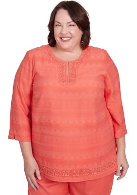 Alfred Dunner Women's Plus Size Catalina Island Lace Trim Texture Shirt, 3X