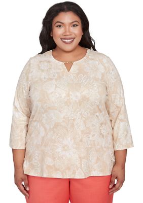 Alfred Dunner Women's Plus Size Catalina Island Texture Floral Top with Foil, 3X