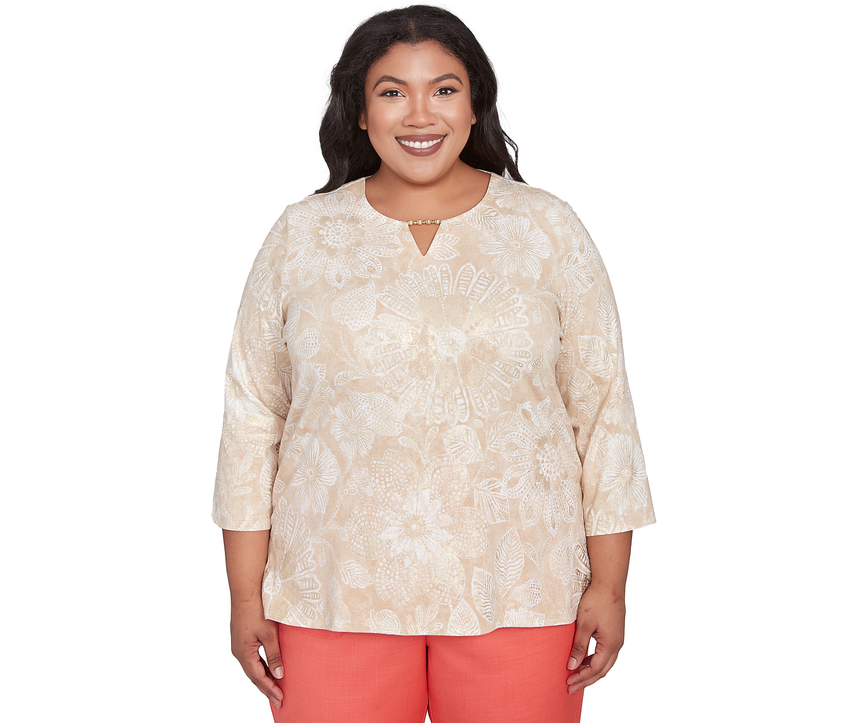 Plus Size Catalina Island Texture Floral Top with Foil