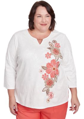 Alfred Dunner Women's Plus Size Catalina Island Embroidered Flowers Top, Ivory, 3X