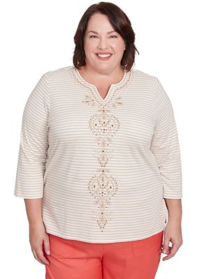 Alfred Dunner Women's Plus Size Catalina Island Medallion Center Stripe Top, 3X