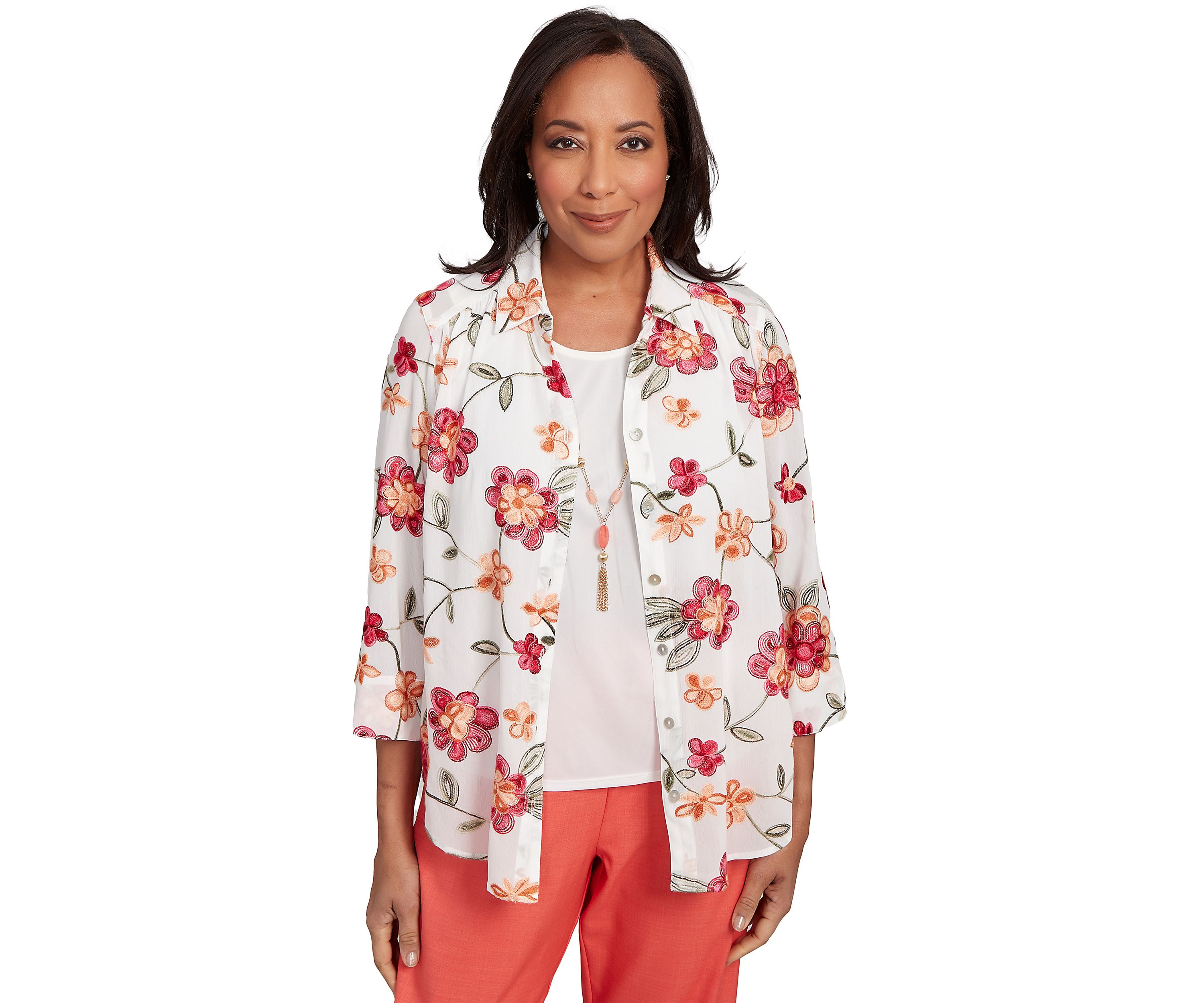 Petite Catalina Island Embroidered Flowers Two In One Top