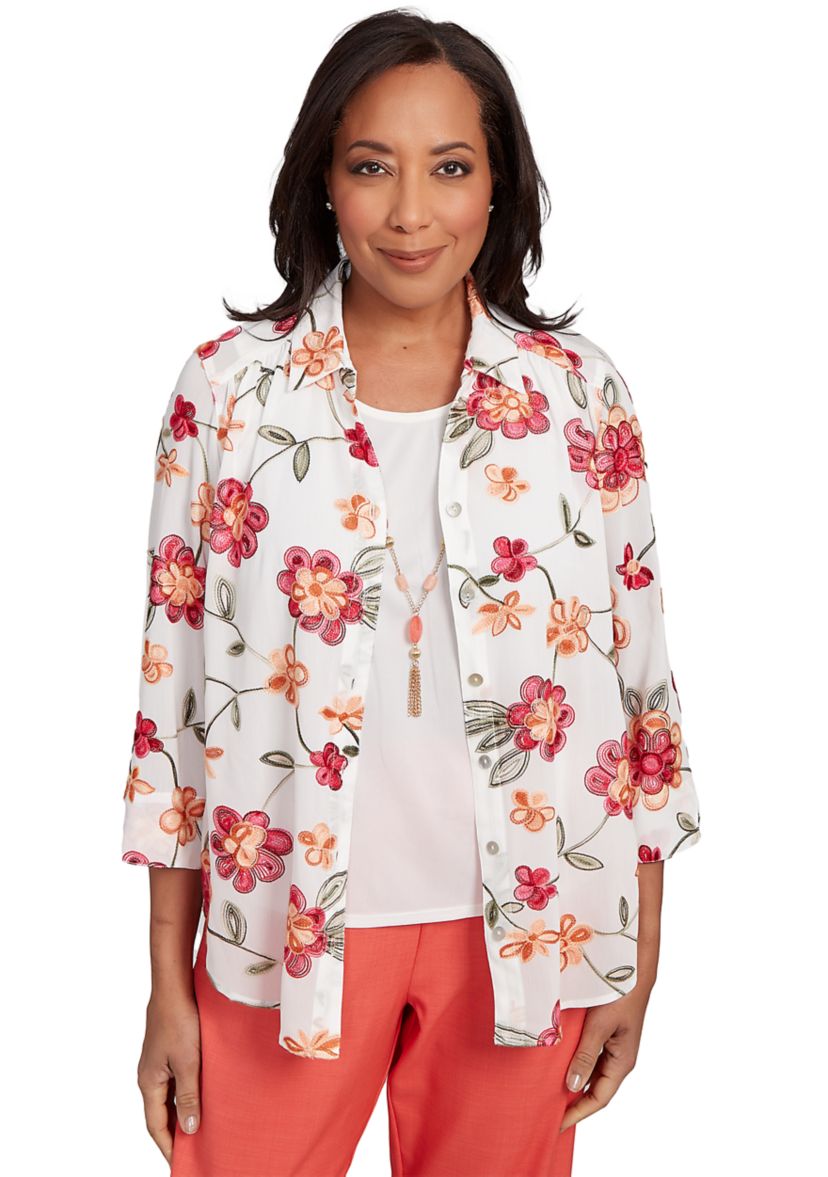 Petite Catalina Island Embroidered Flowers Two In One Top
