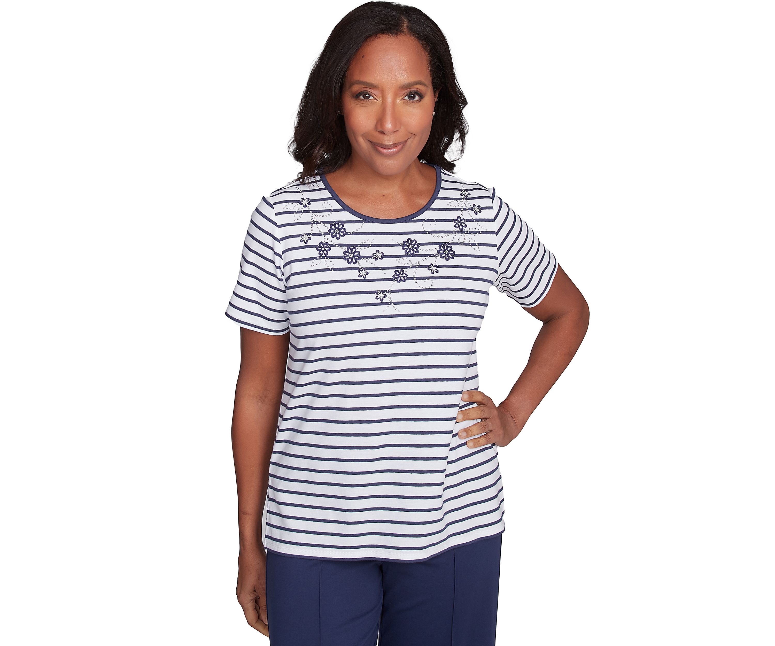 Womens Nantucket Stripe with Beaded Floral Yoke Top