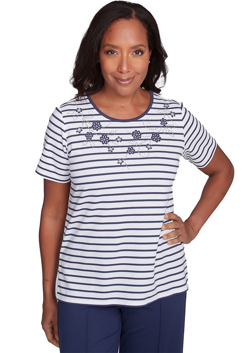 Womens Nantucket Stripe with Beaded Floral Yoke Top