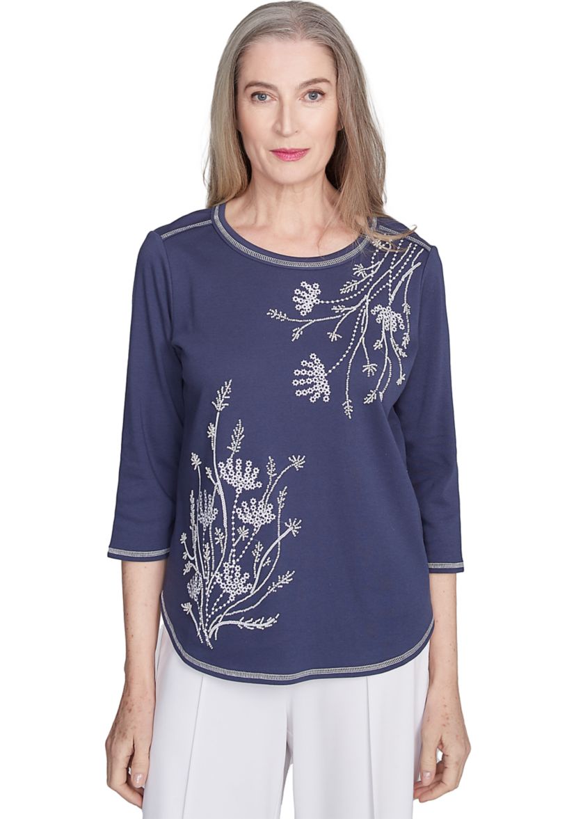 Womens  Nantucket Embroidered Asymmetric Floral Top