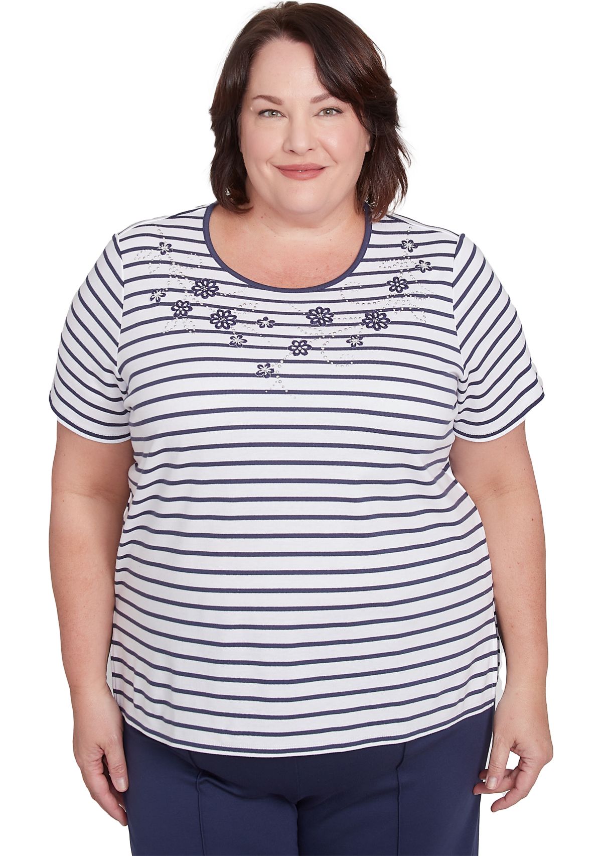 Plus Size Nantucket Stripe Top with Beaded Floral Yoke
