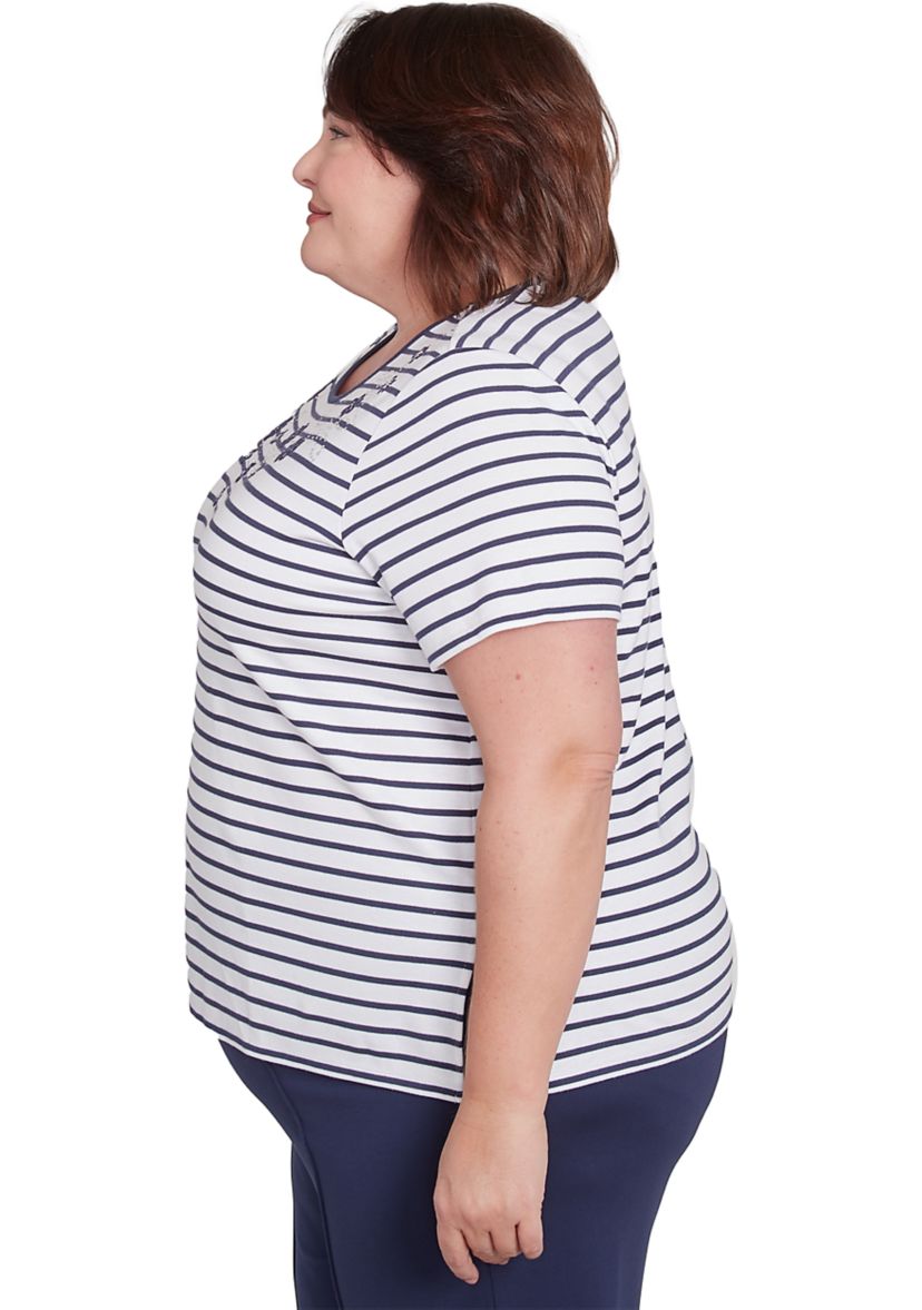 Plus Size Nantucket Stripe Top with Beaded Floral Yoke