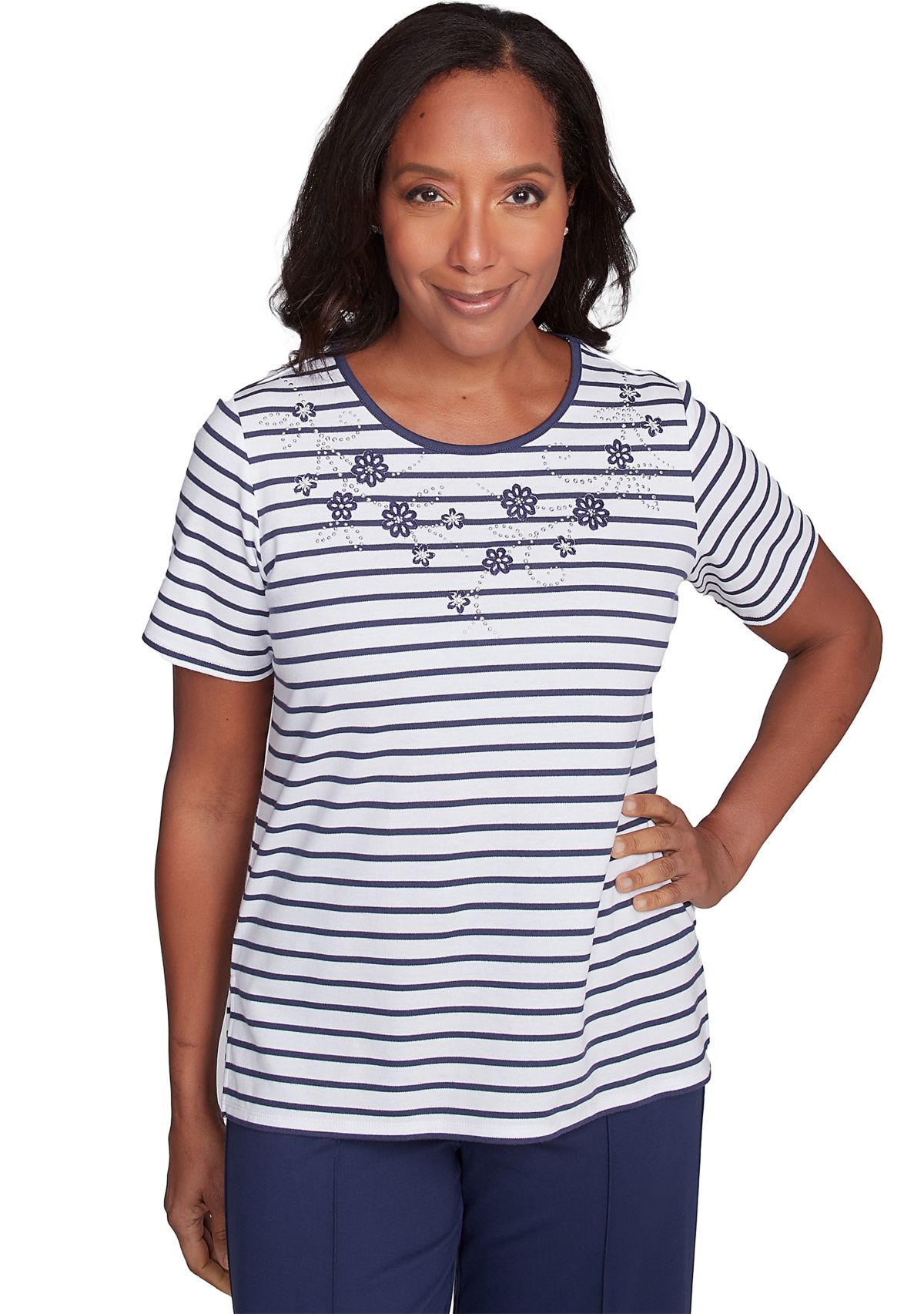 Petite Nantucket Stripe With Beaded Floral Yoke Top