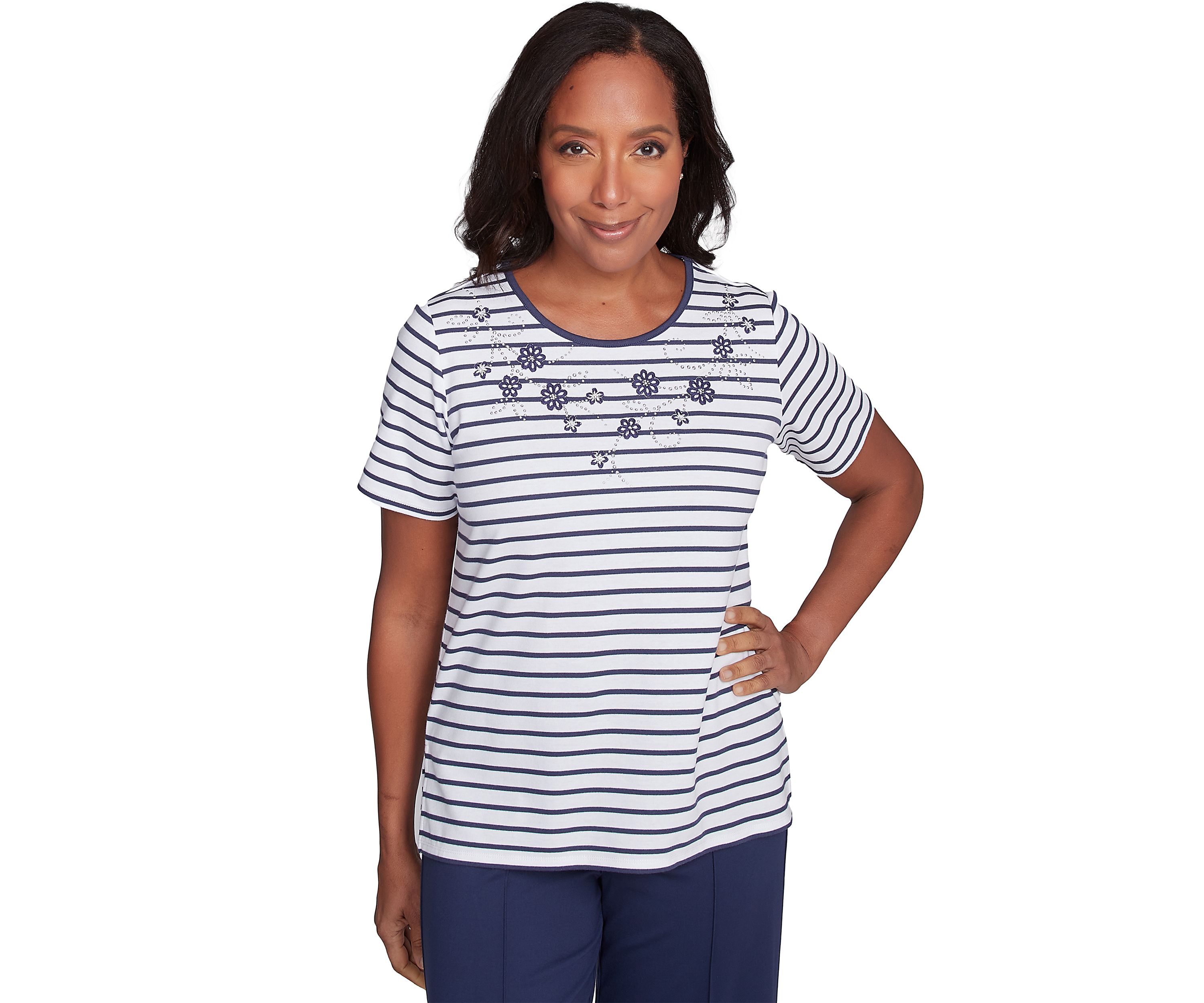 Petite Nantucket Stripe With Beaded Floral Yoke Top