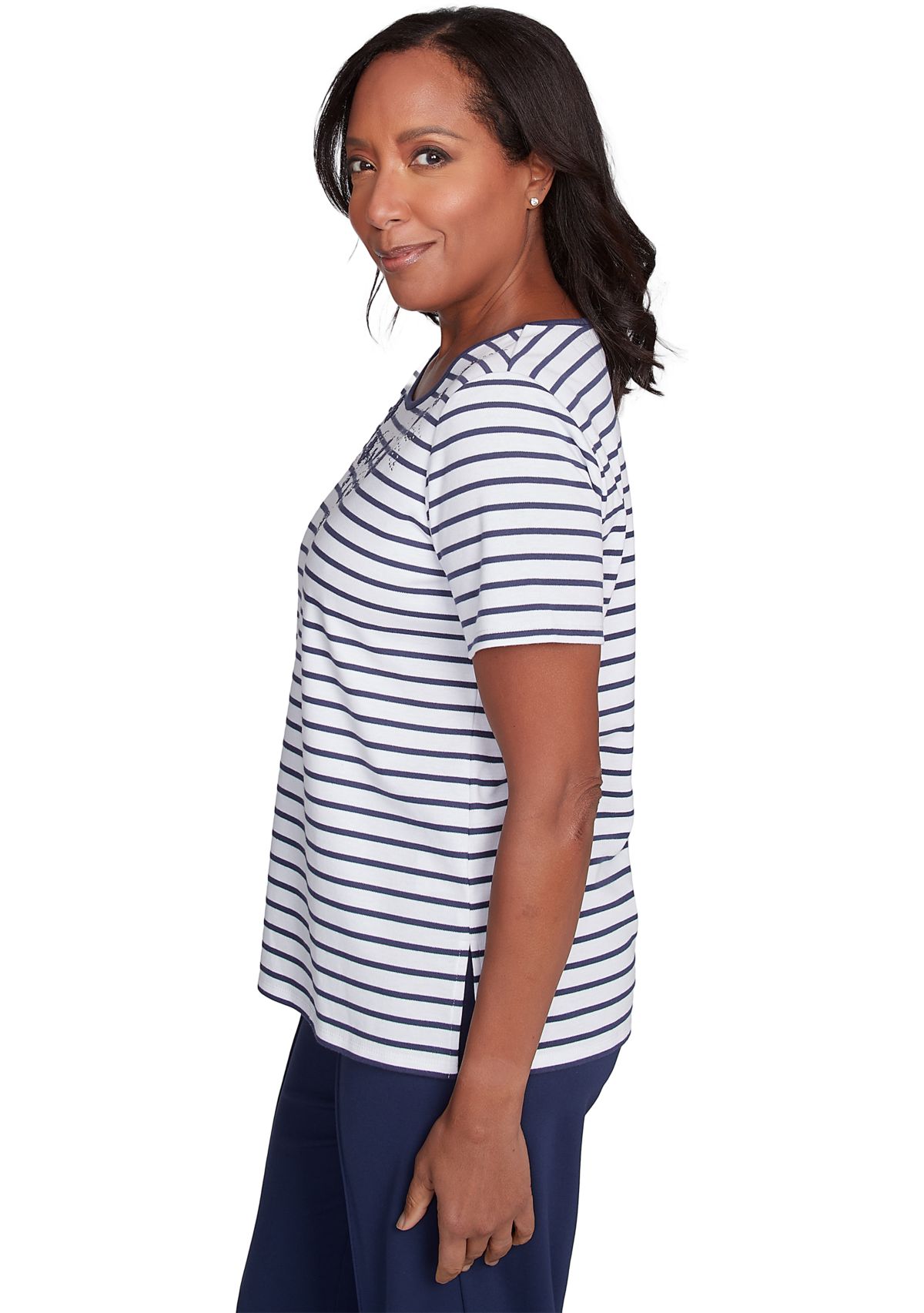 Petite Nantucket Stripe With Beaded Floral Yoke Top